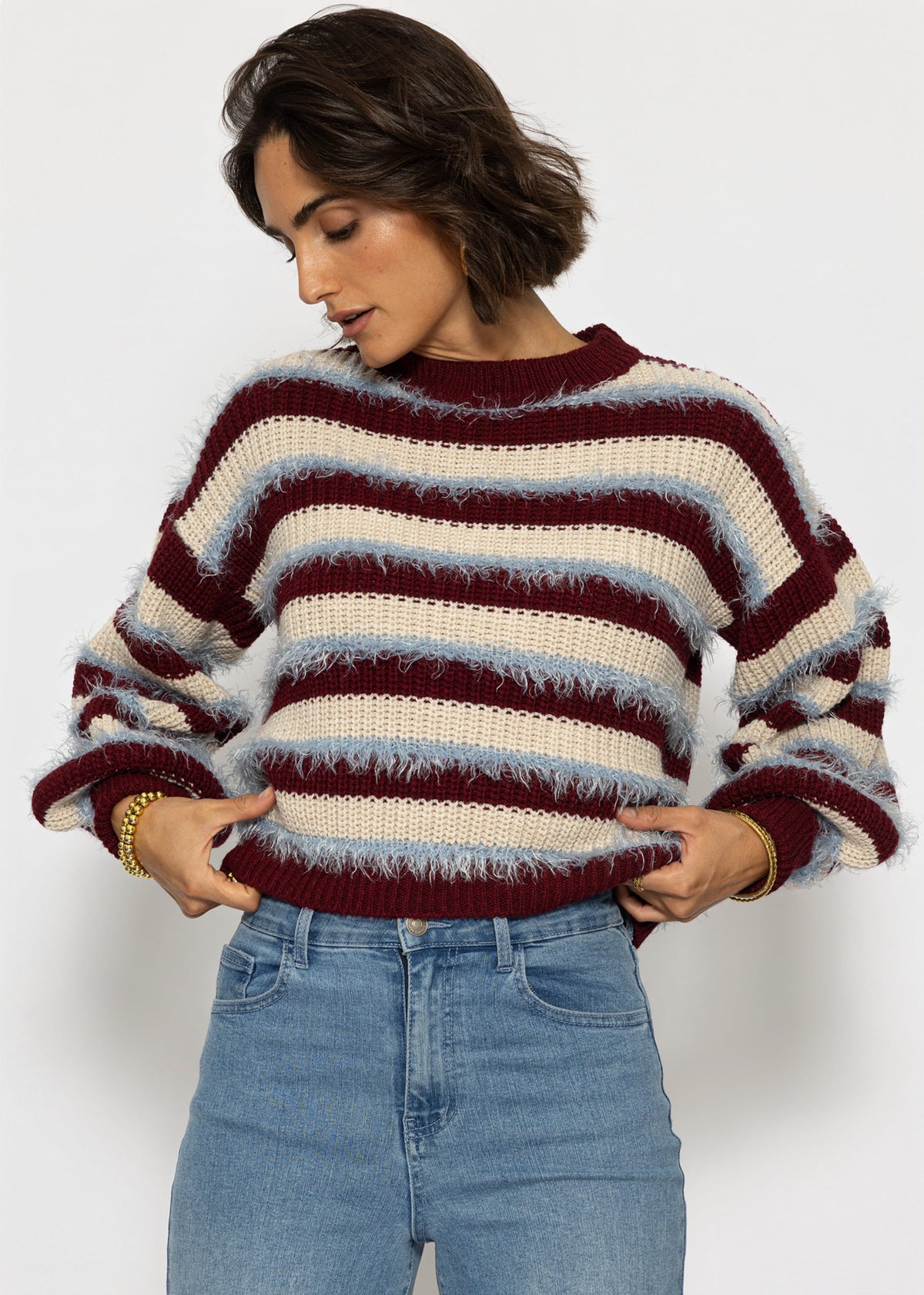 Gestreifter Oversize Pullover - burgundy-beige