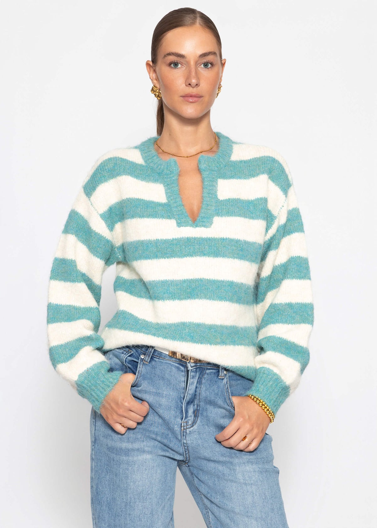 Gestreifter Pullover mit Blende - petrol-offwhite