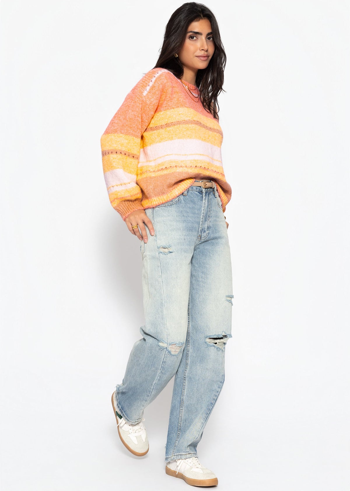 Gestreifter Pullover mit Loch-Strickmuster - gelb