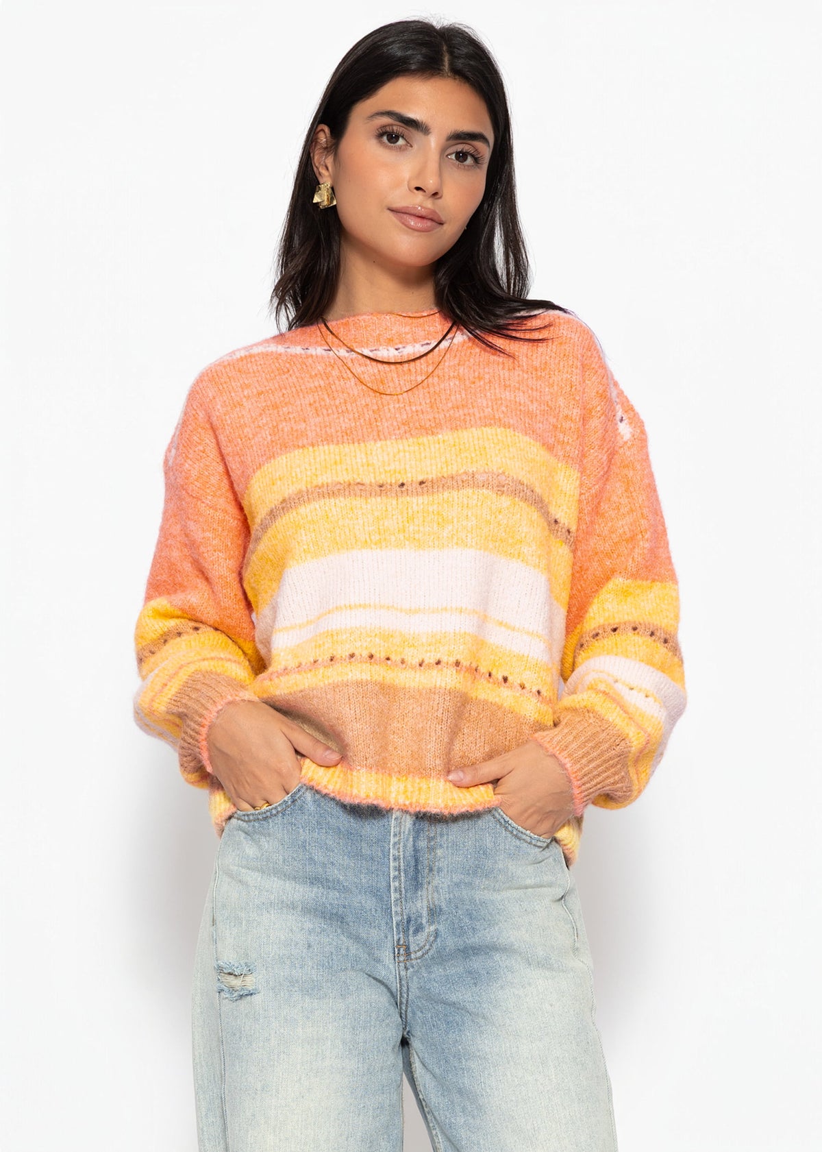 Gestreifter Pullover mit Loch-Strickmuster - gelb