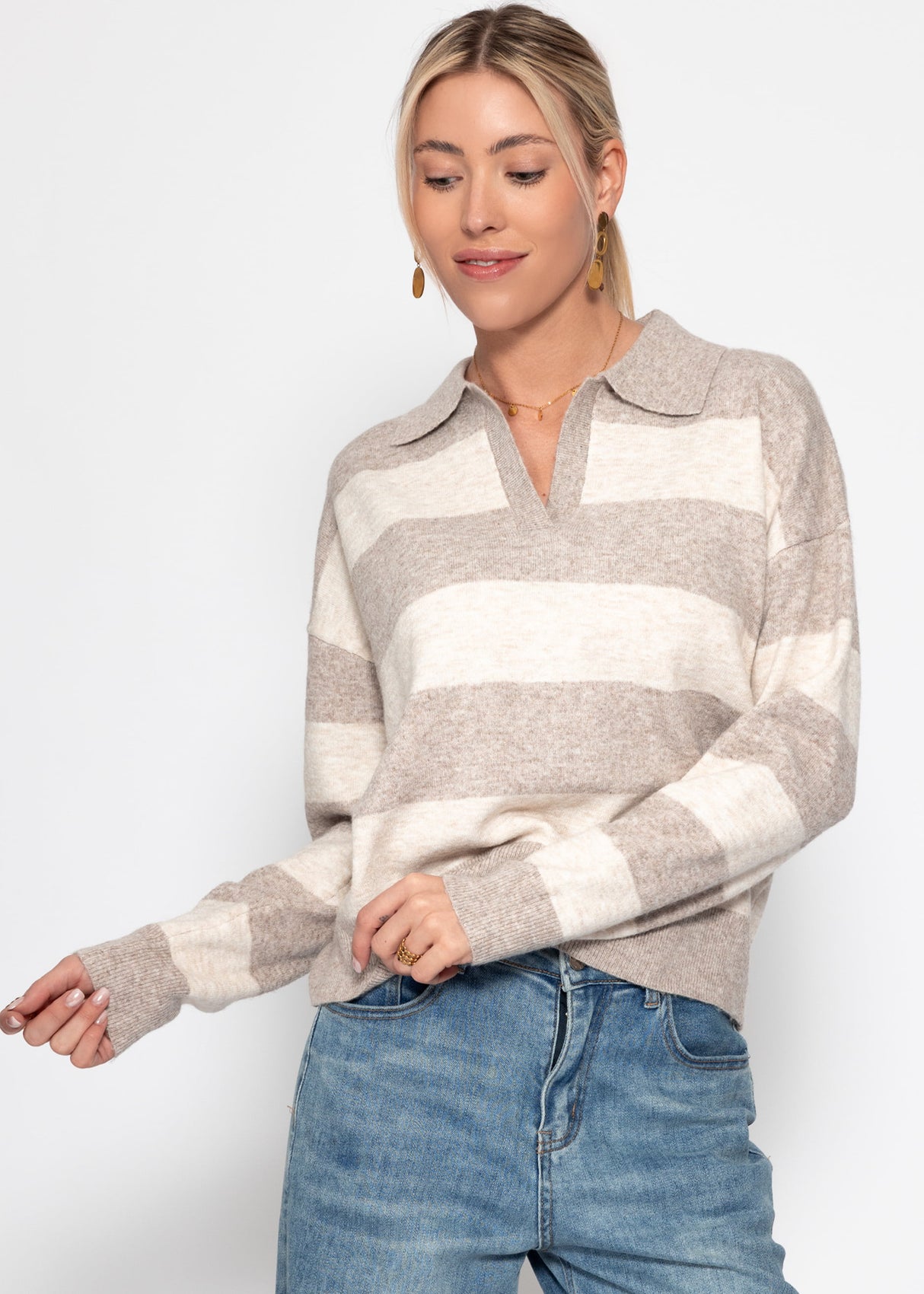 Striped polo-collar sweater - beige-taupe