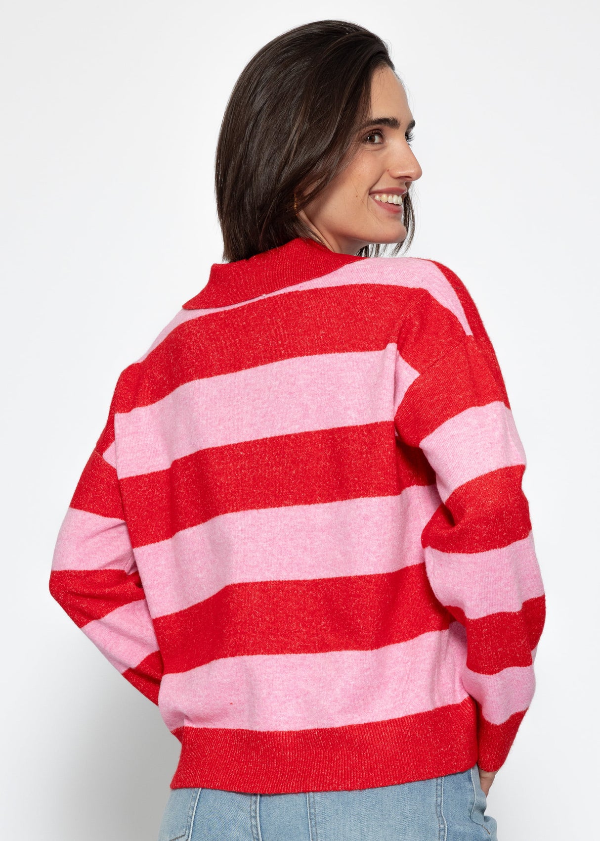 Gestreifter Pullover mit Polokragen - pink-rot