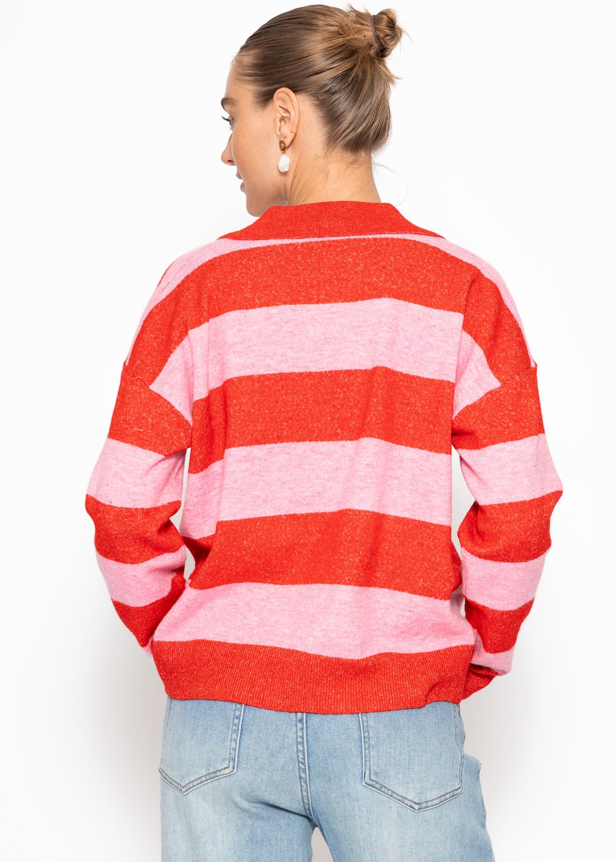 Striped polo-collar sweater - pink-red