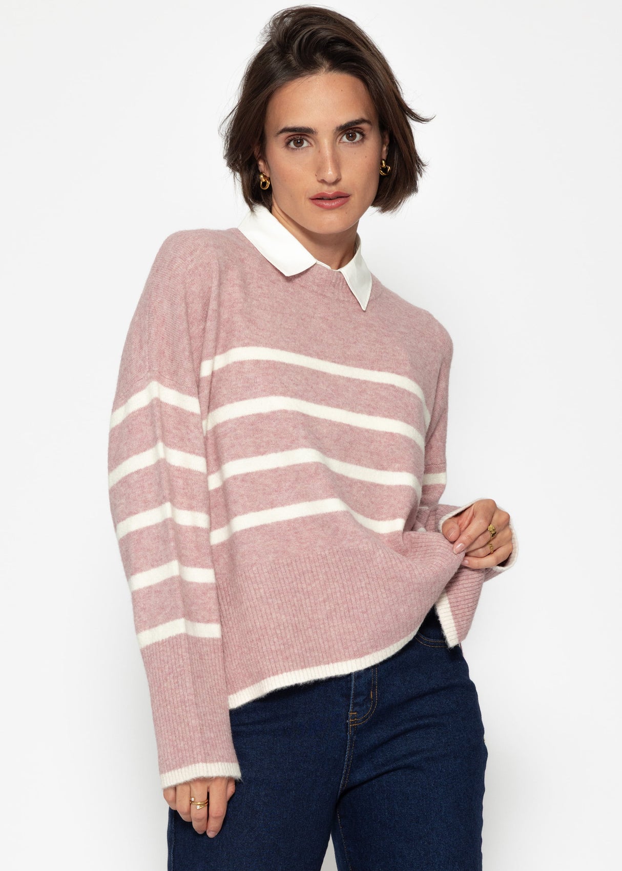 Striped knitting sweater with side slits - altrosa -offwhite
