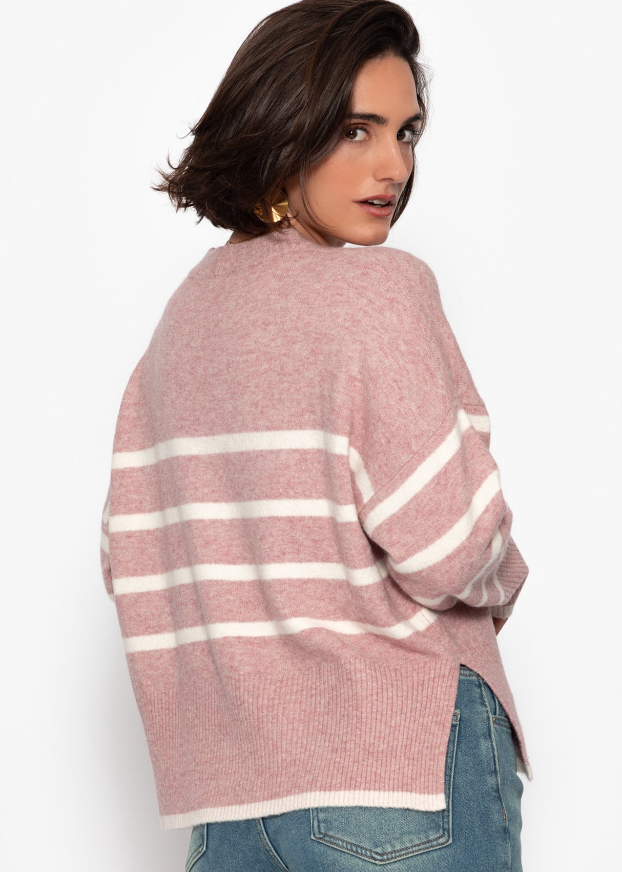Striped knitting sweater with side slits - altrosa -offwhite