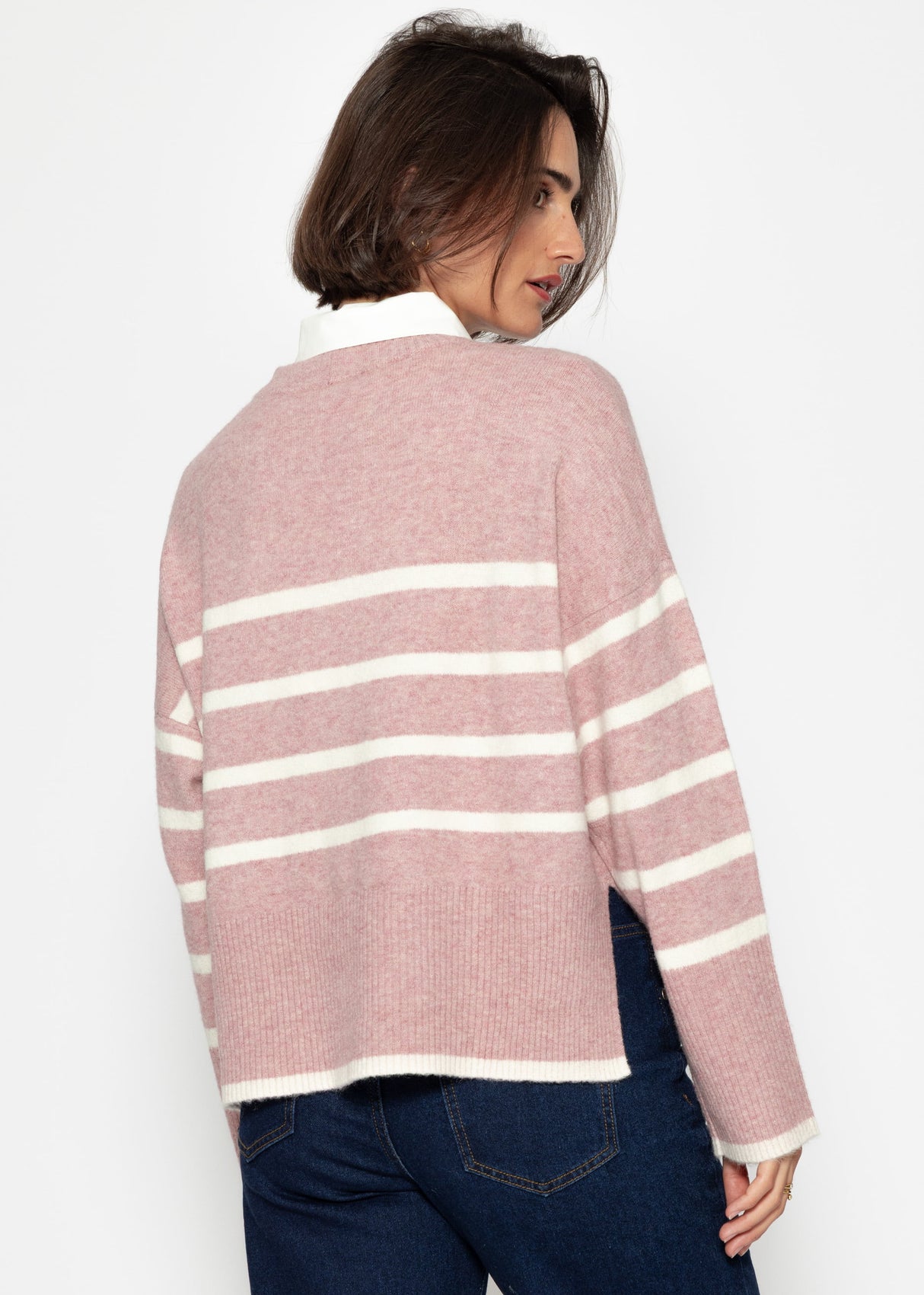 Striped knitting sweater with side slits - altrosa -offwhite