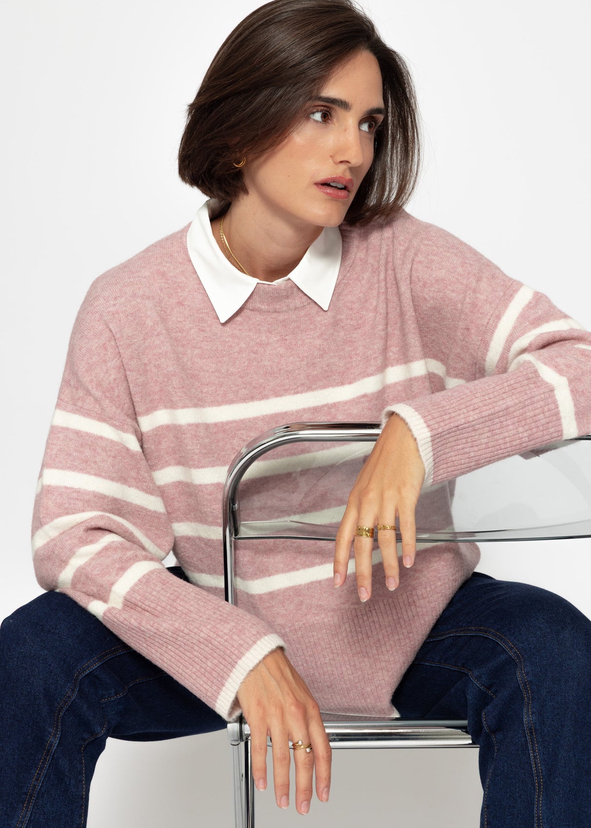 Striped knitting sweater with side slits - altrosa -offwhite