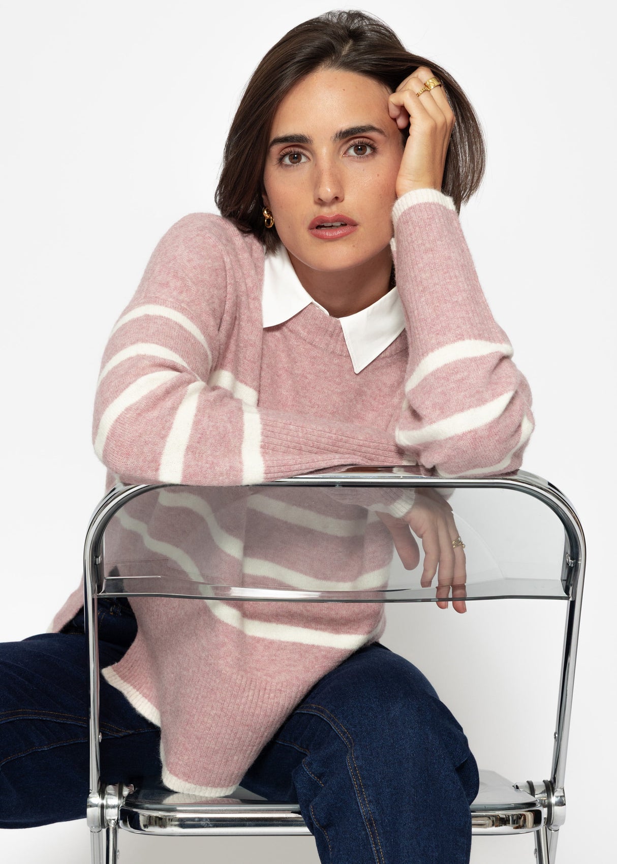 Striped knitting sweater with side slits - altrosa -offwhite