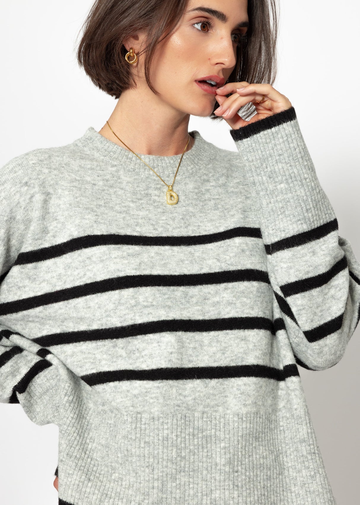 Striped knitting sweater with side slits - gray -black