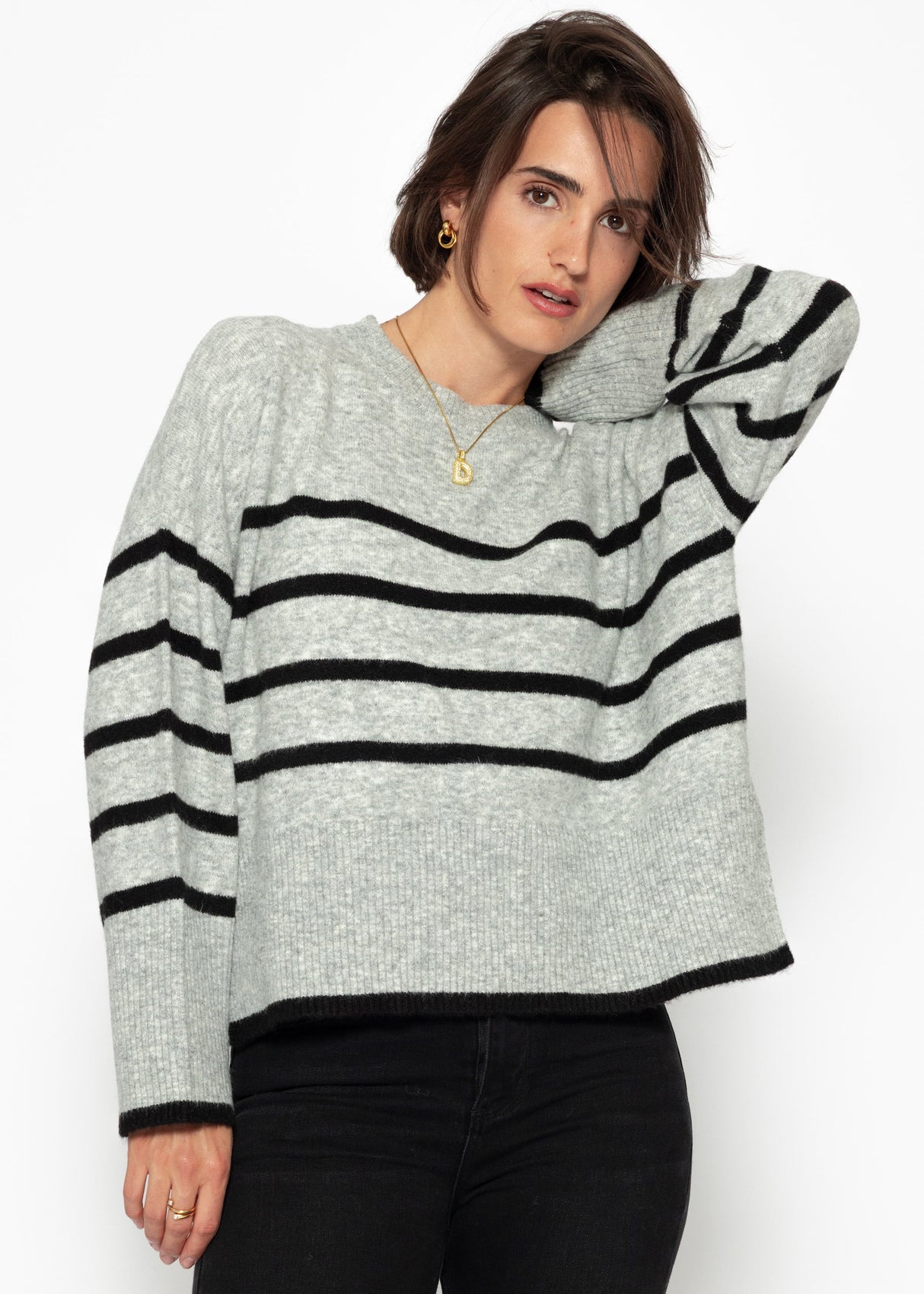 Striped knitting sweater with side slits - gray -black