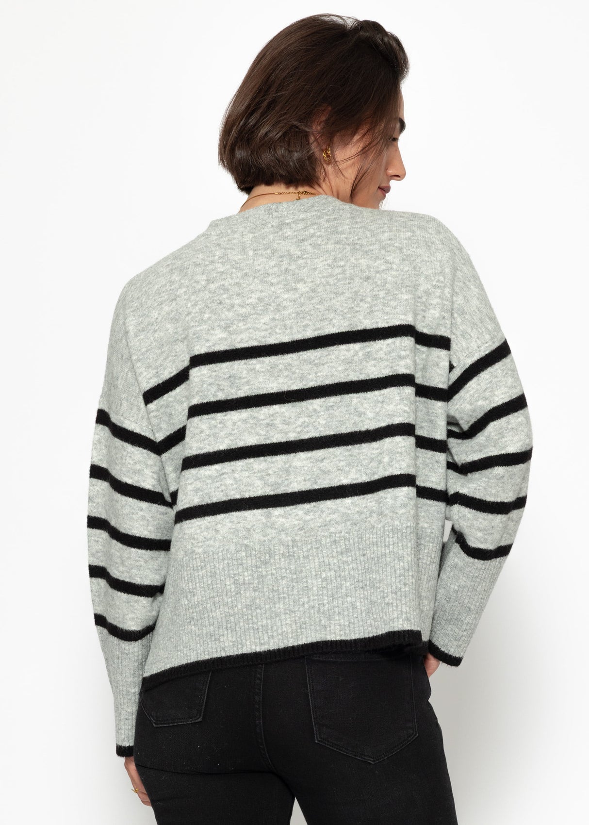 Striped knitting sweater with side slits - gray -black