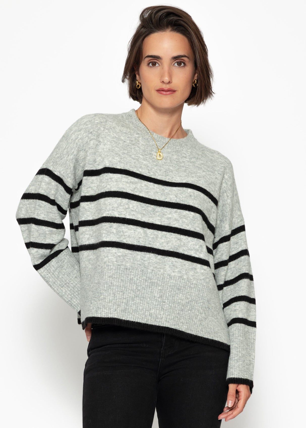 Striped knitting sweater with side slits - gray -black