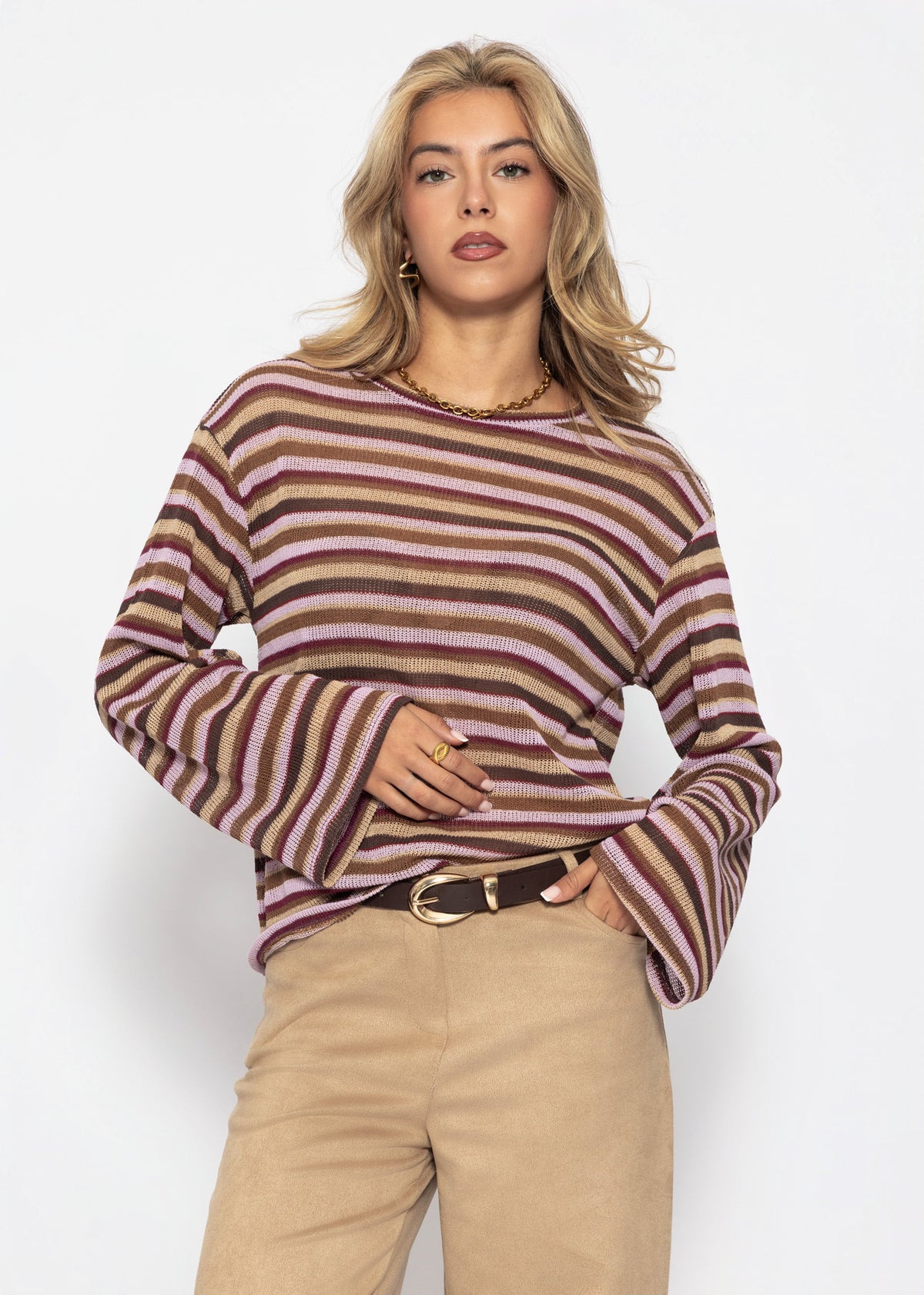 Gestreiftes Langarm Strick Shirt - braun