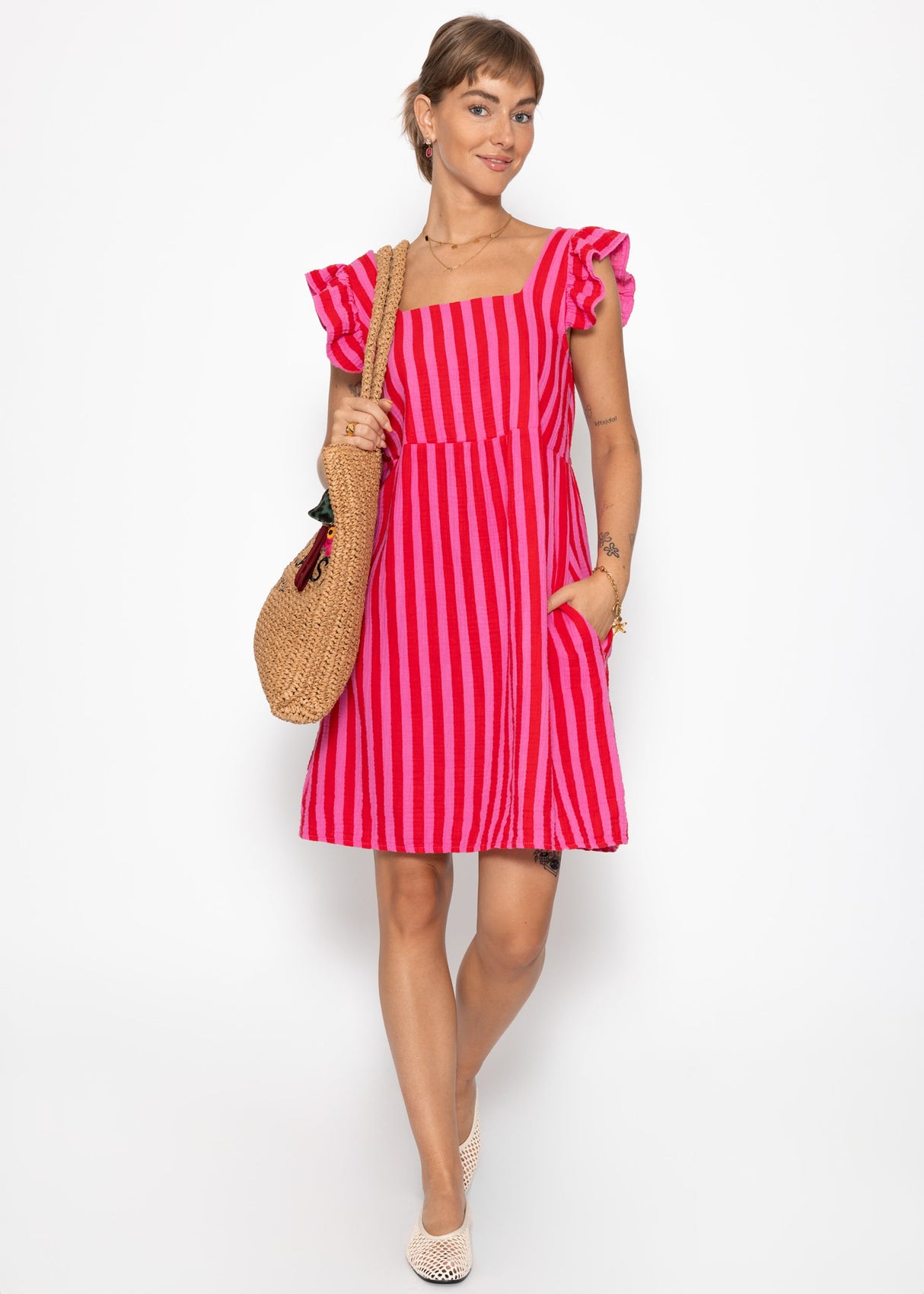 Striped Musselinkleid - Pink