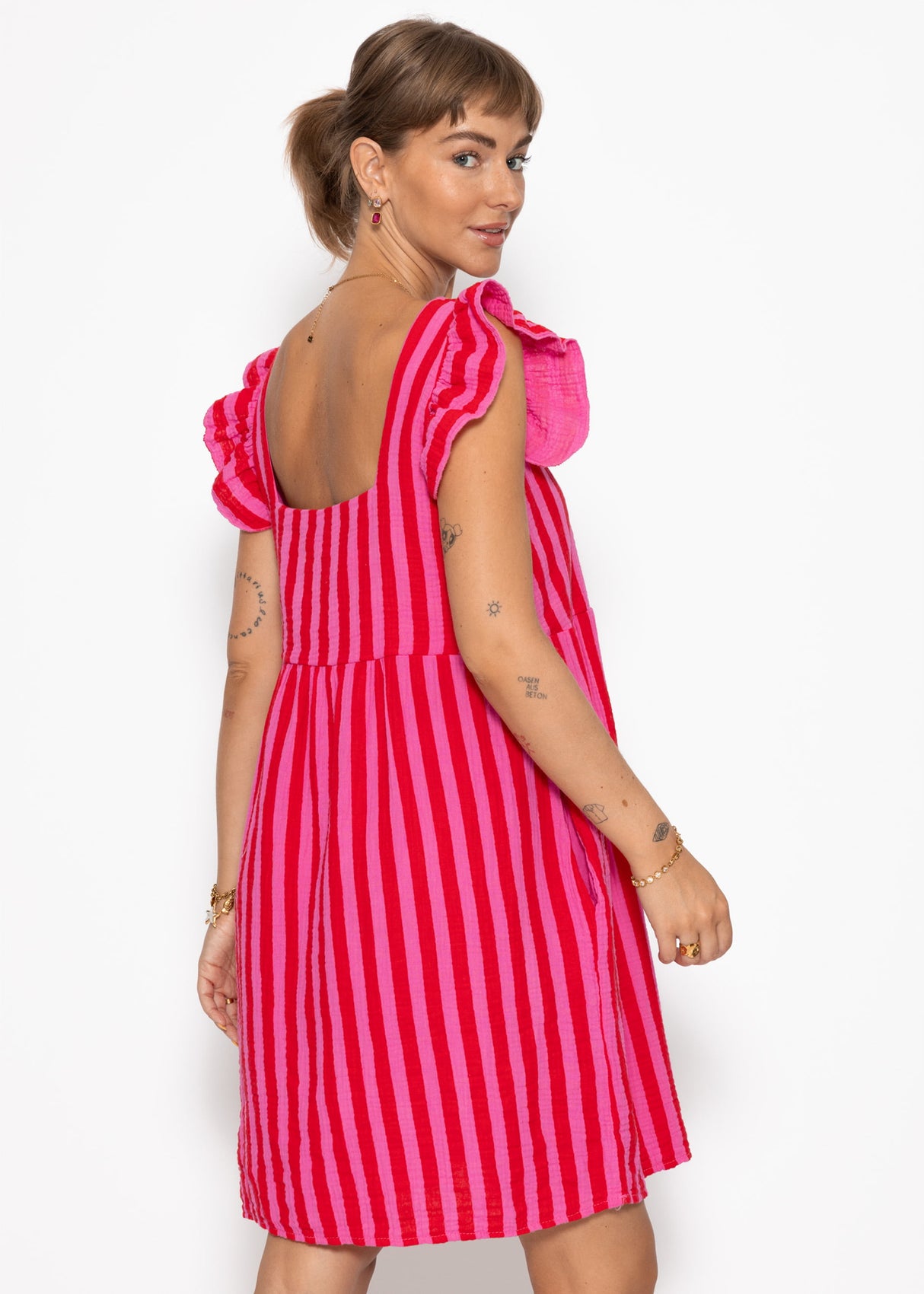 Striped Musselinkleid - Pink