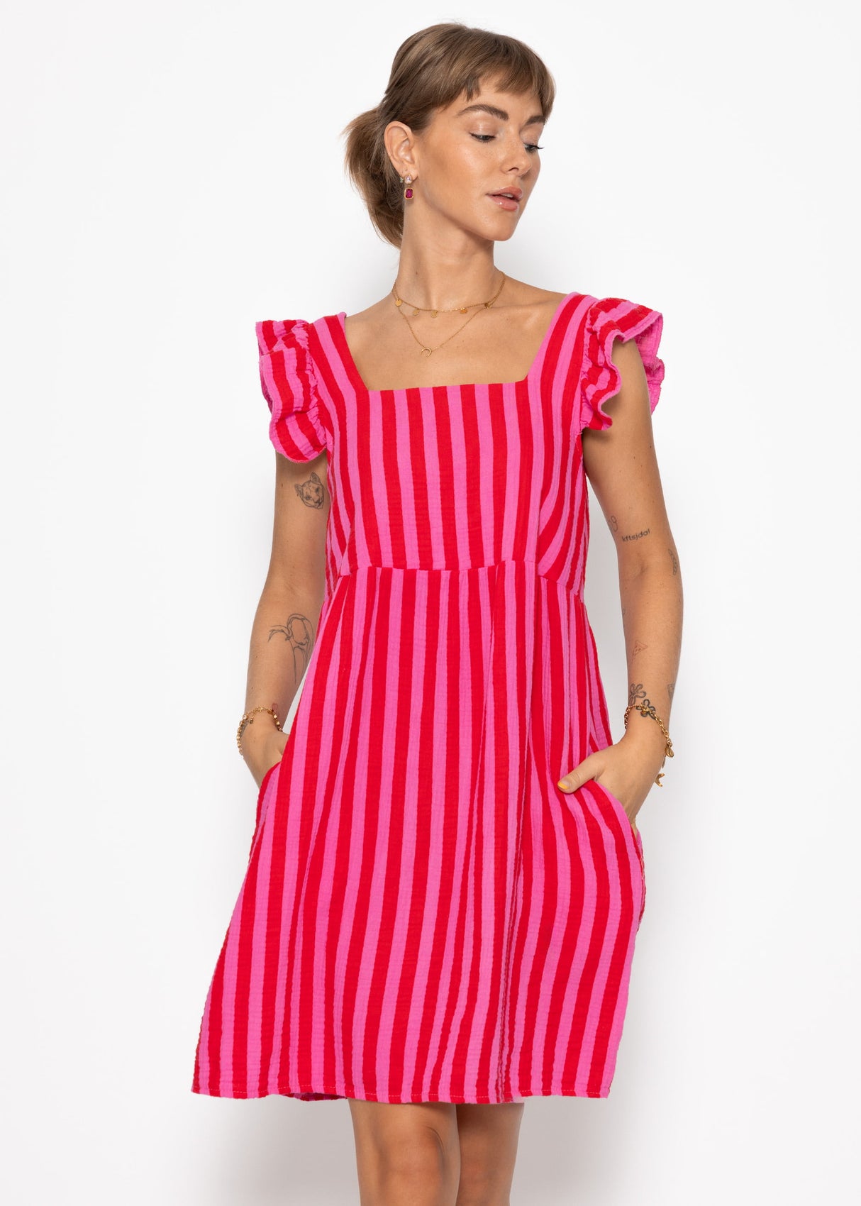 Striped Musselinkleid - Pink