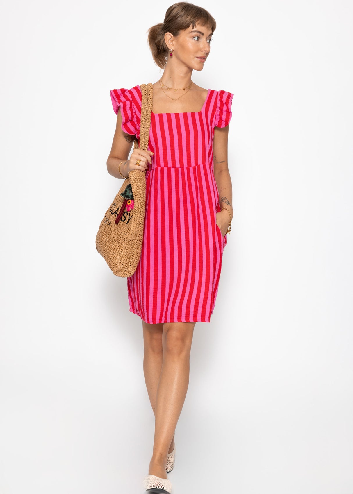 Striped Musselinkleid - Pink