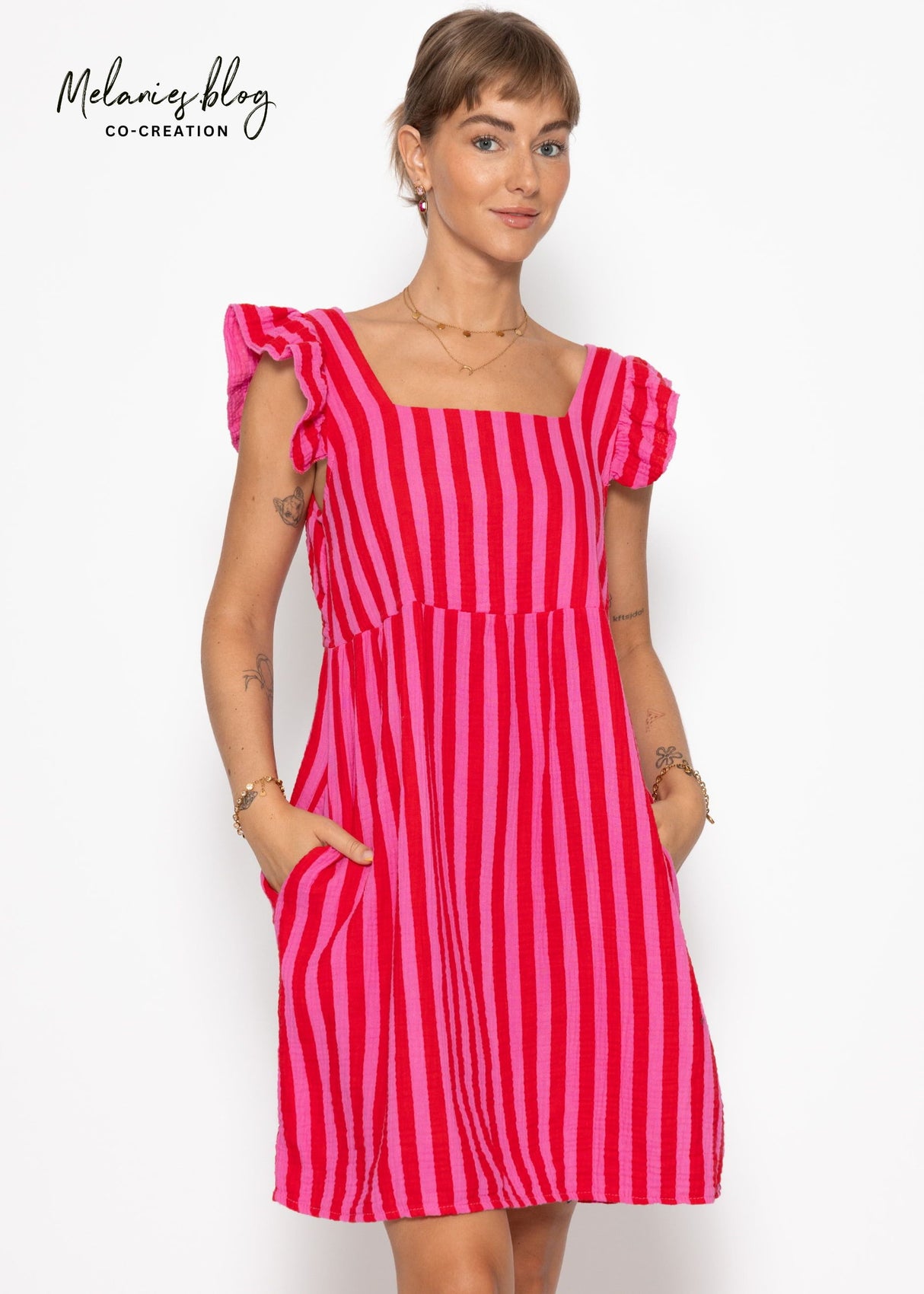 Striped Musselinkleid - Pink