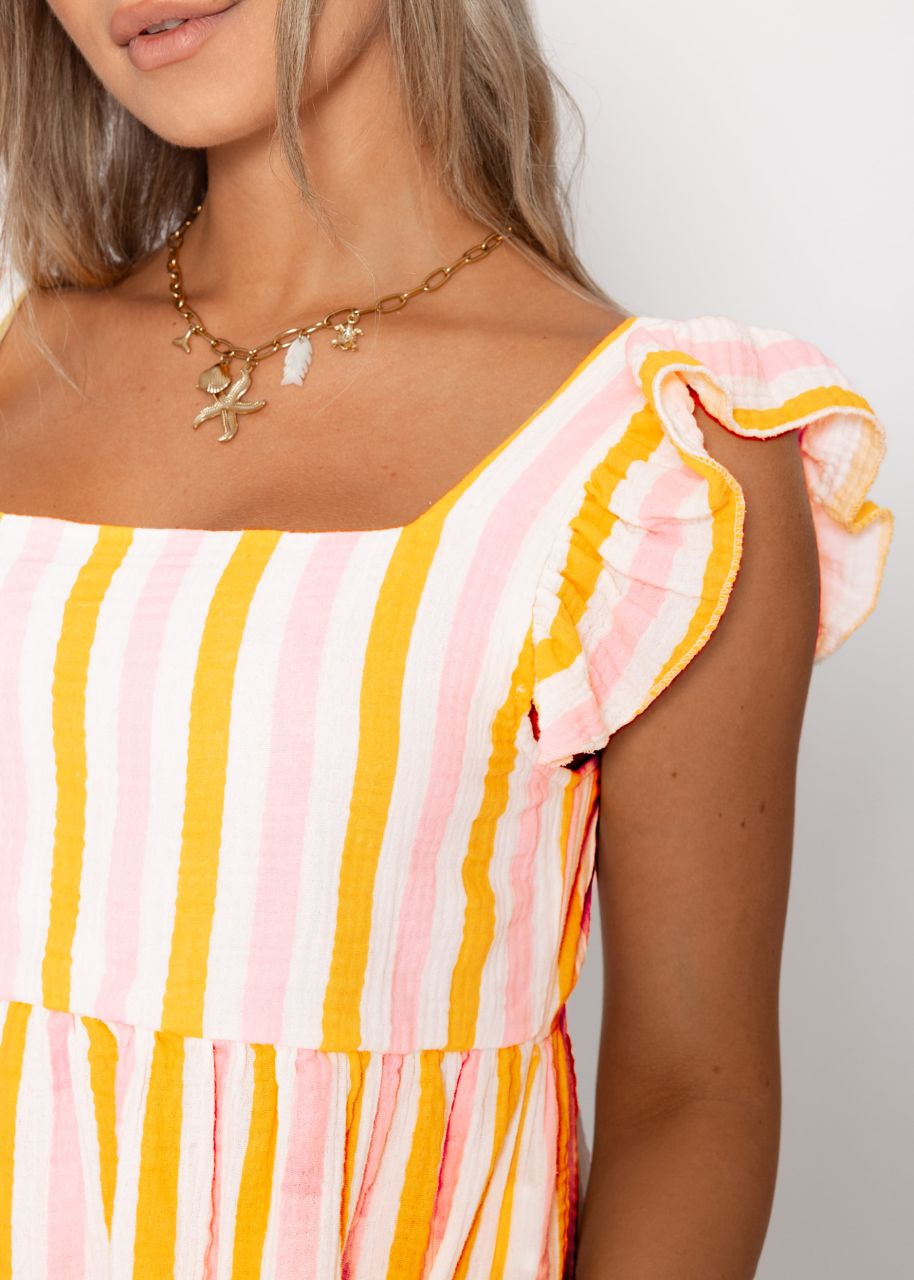 Gestreiftes Musselinkleid - rosa-gelb