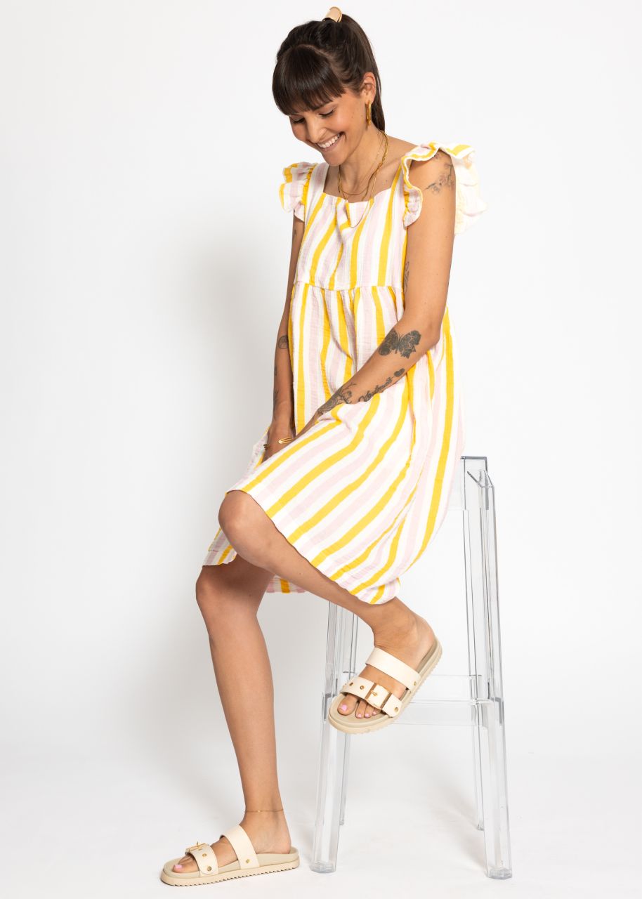 Gestreiftes Musselinkleid - rosa-gelb