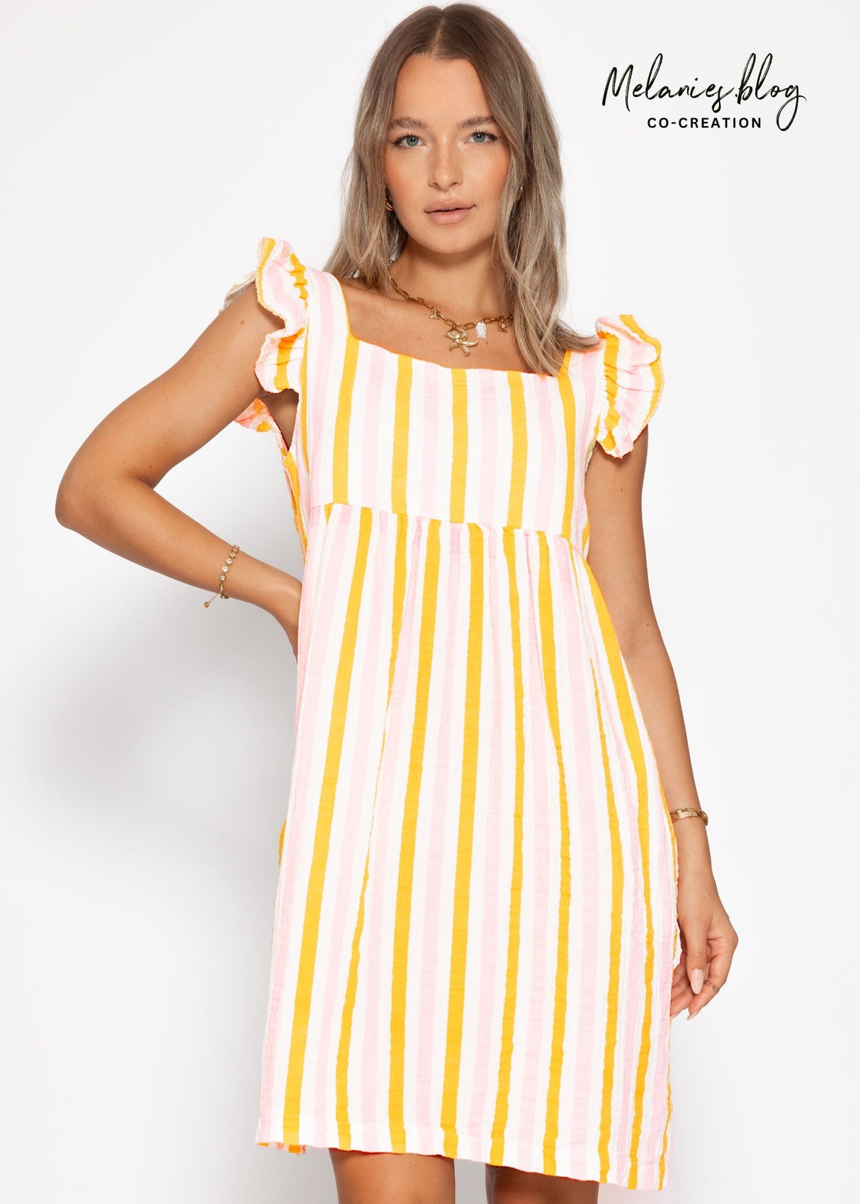 Gestreiftes Musselinkleid - rosa-gelb