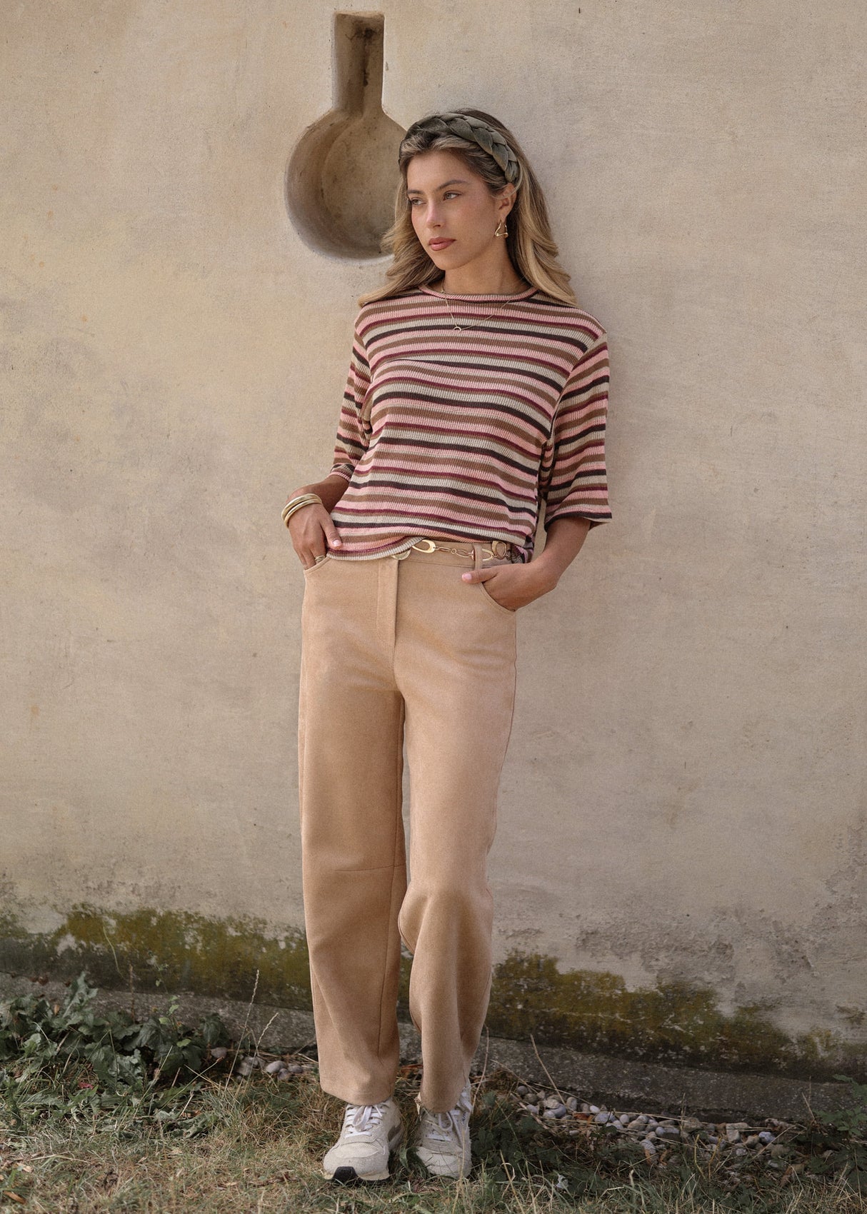 Gestreiftes Oversize Strick Shirt - rosa
