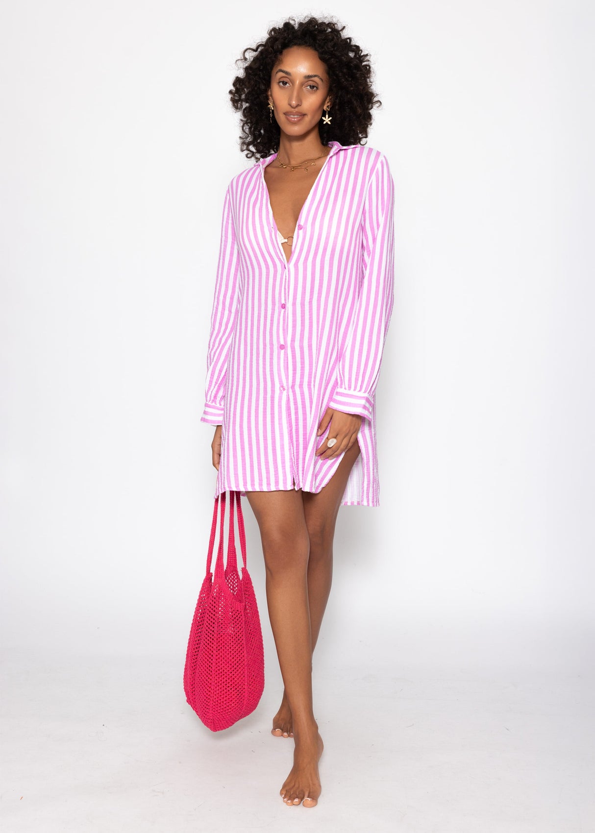 Gestreiftes Strandkleid - pink-weiß