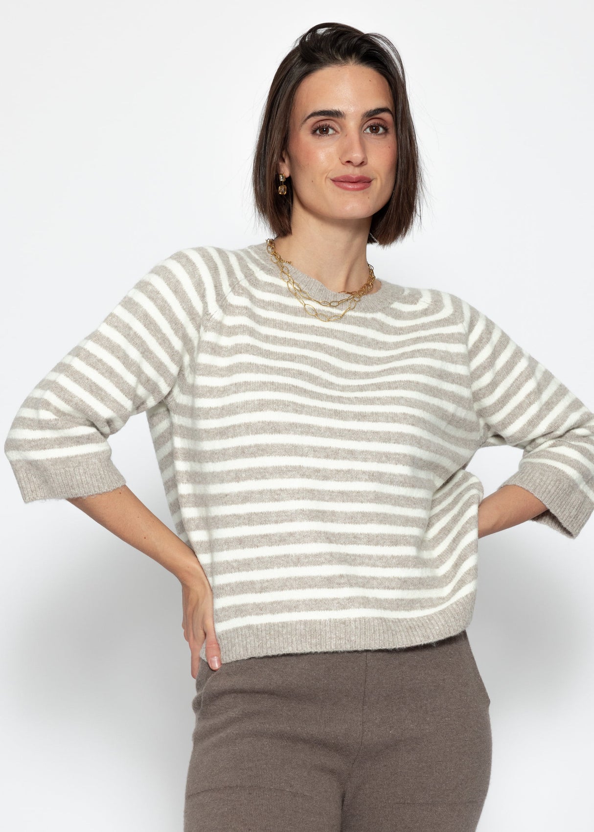 Gestreiftes Strickoberteil - taupe-offwhite