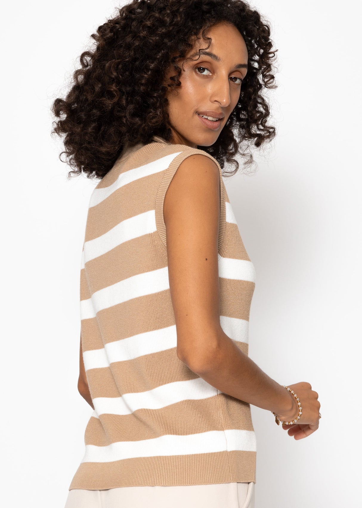 Striped top with zipper - beige