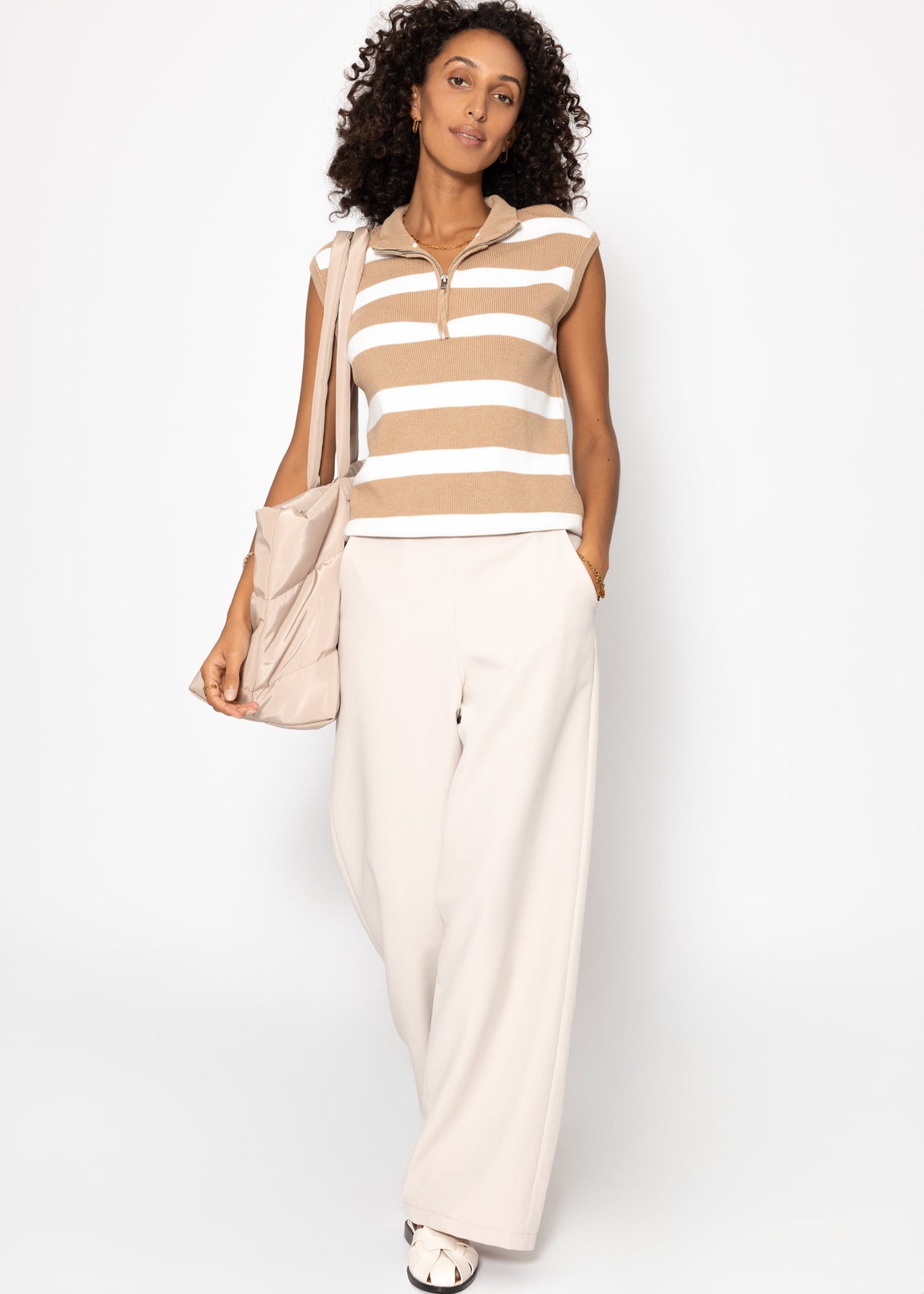 Striped top with zipper - beige