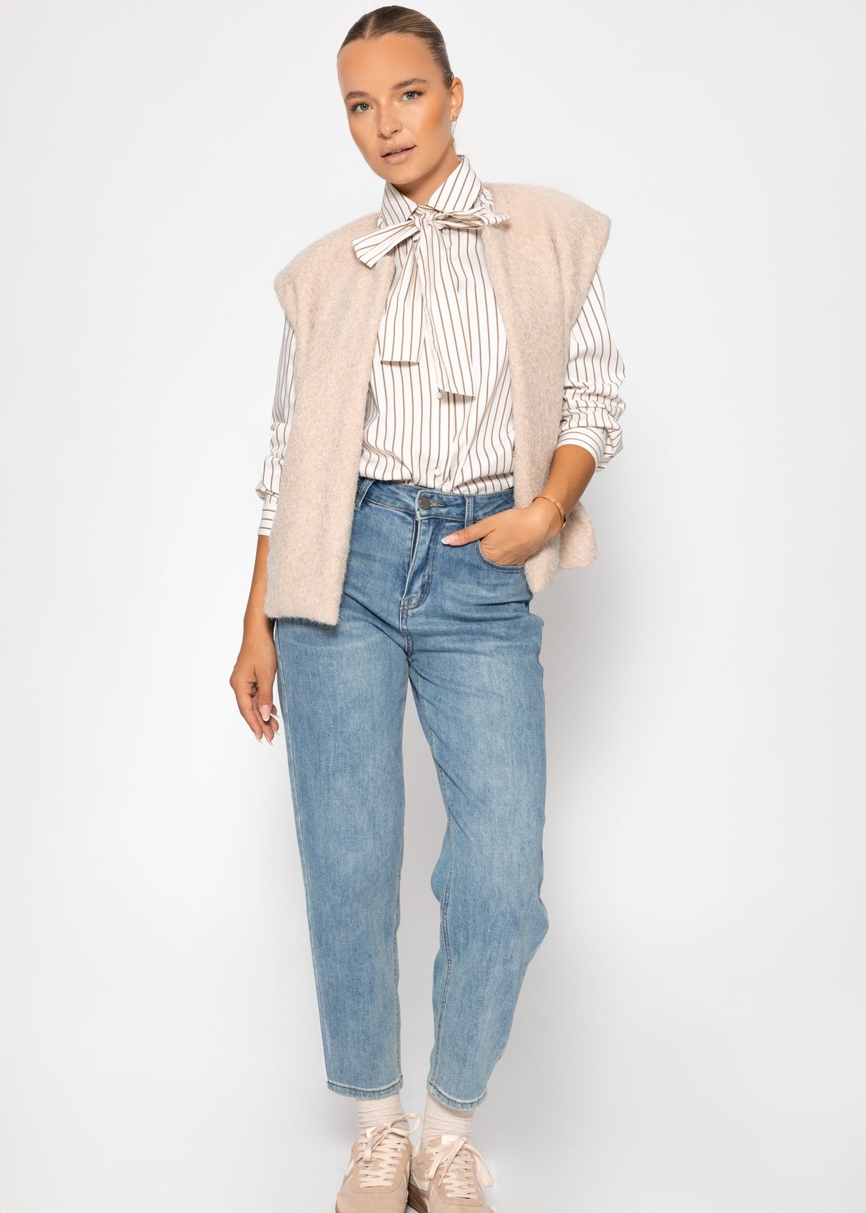 Gestreifte Schluppenbluse - beige