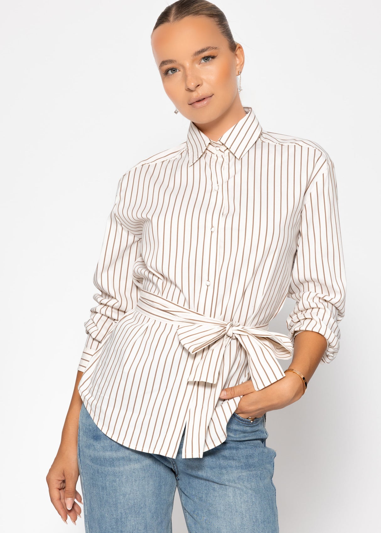 Gestreifte Schluppenbluse - beige