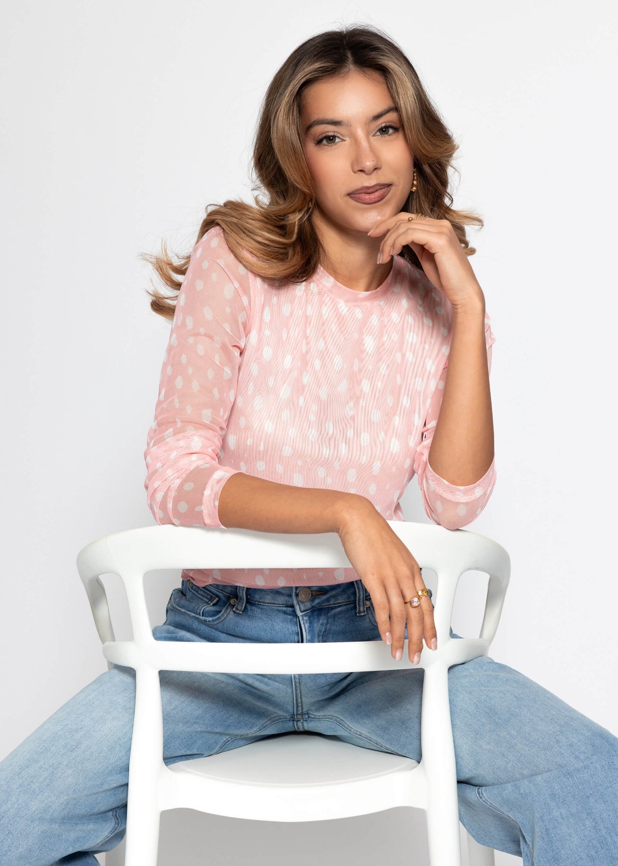 Getupftes Mesh Shirt mit Rundhals - rosa