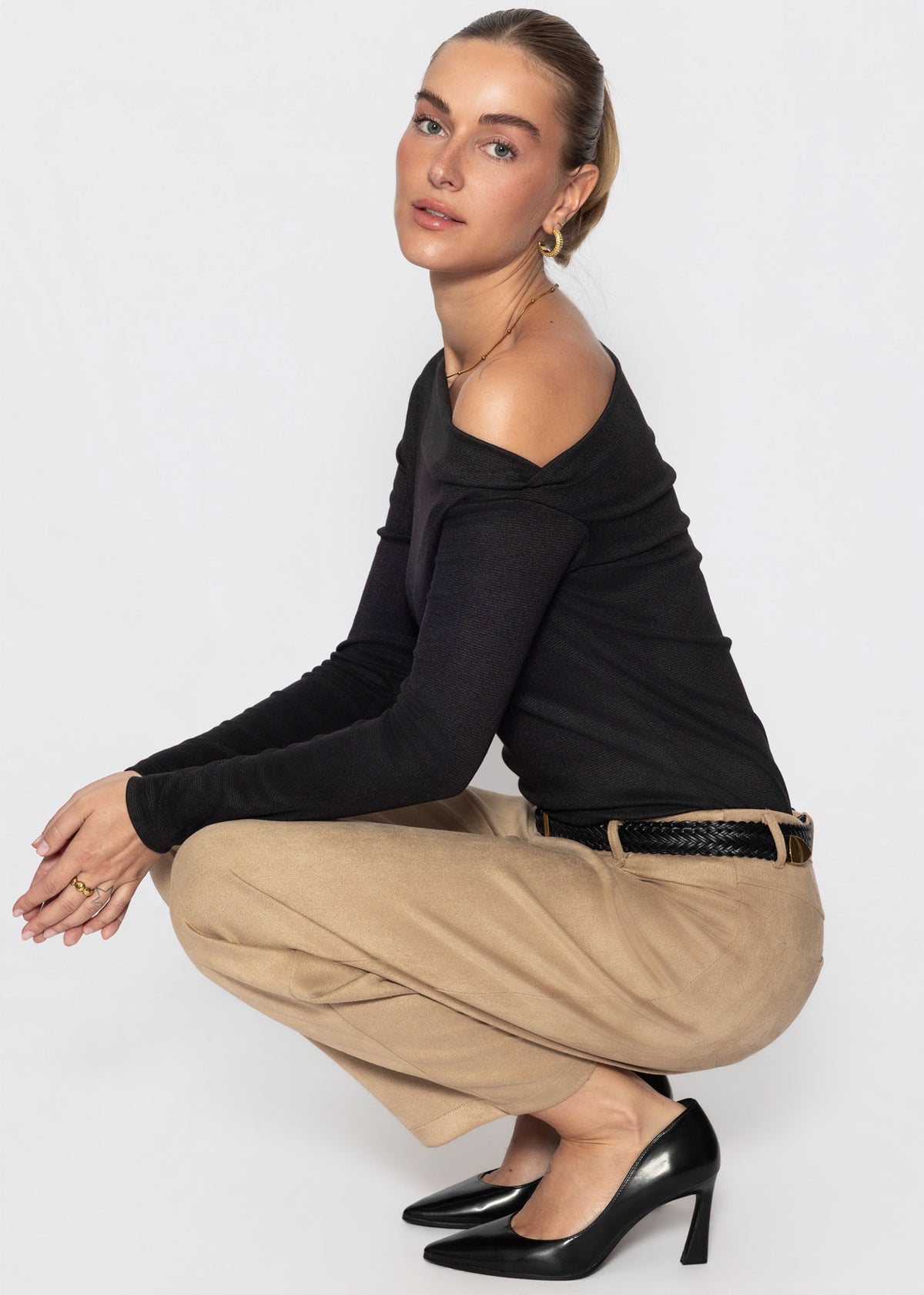 Glitter shirt with asymmetrical neckline - black