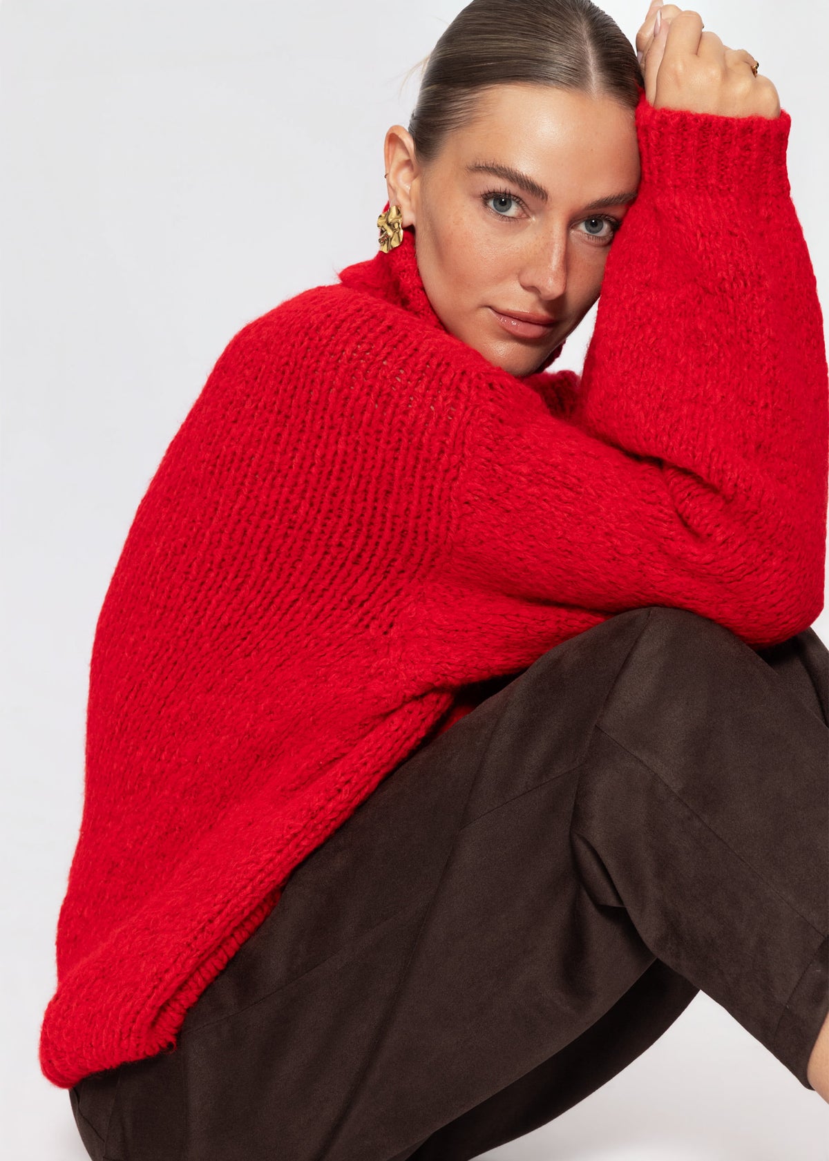 Grober Strickpullover mit Rollkragen - rot