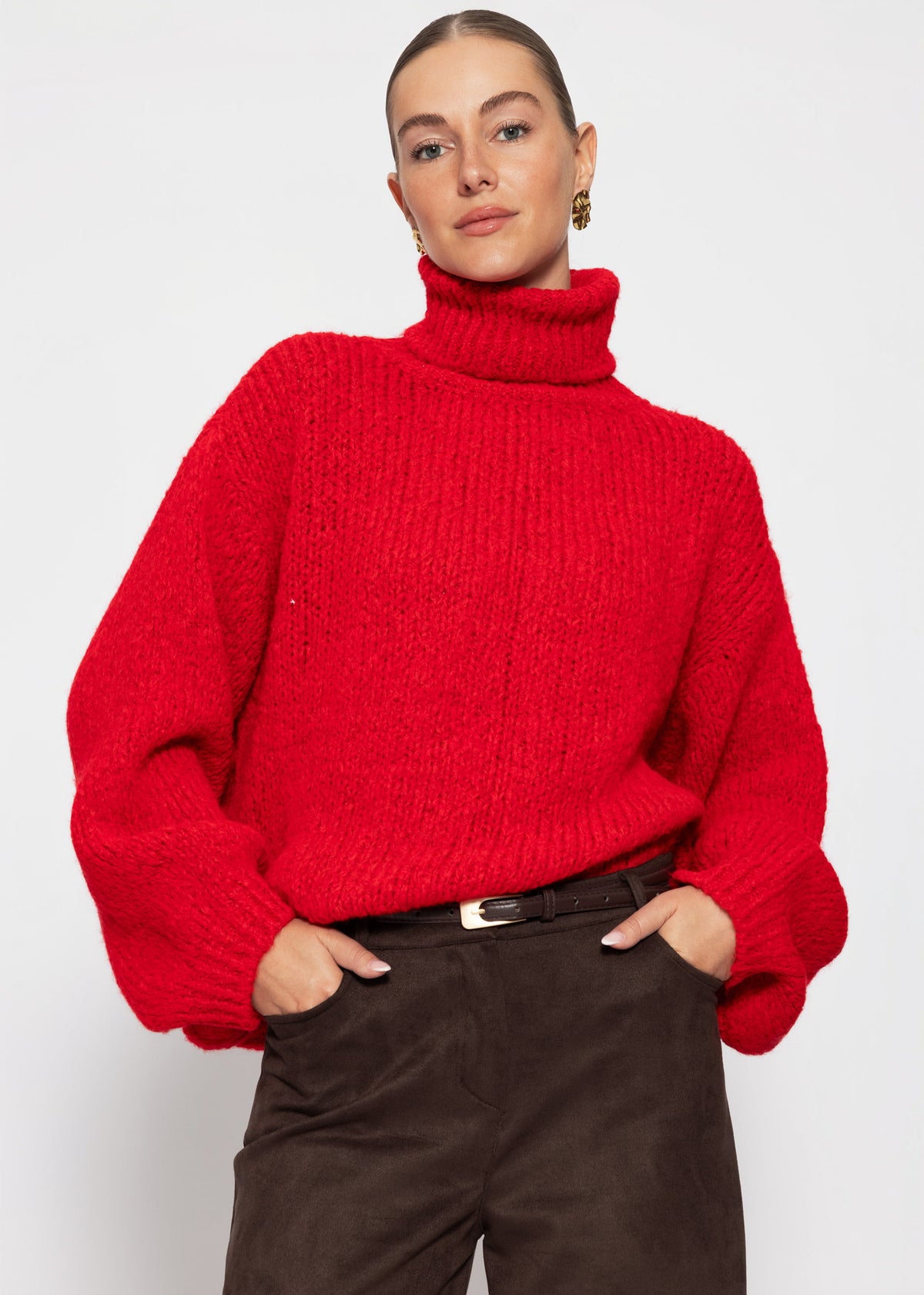 Grober Strickpullover mit Rollkragen - rot
