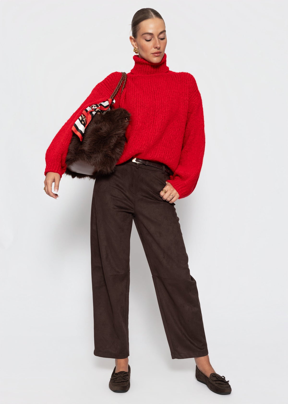 Grober Strickpullover mit Rollkragen - rot