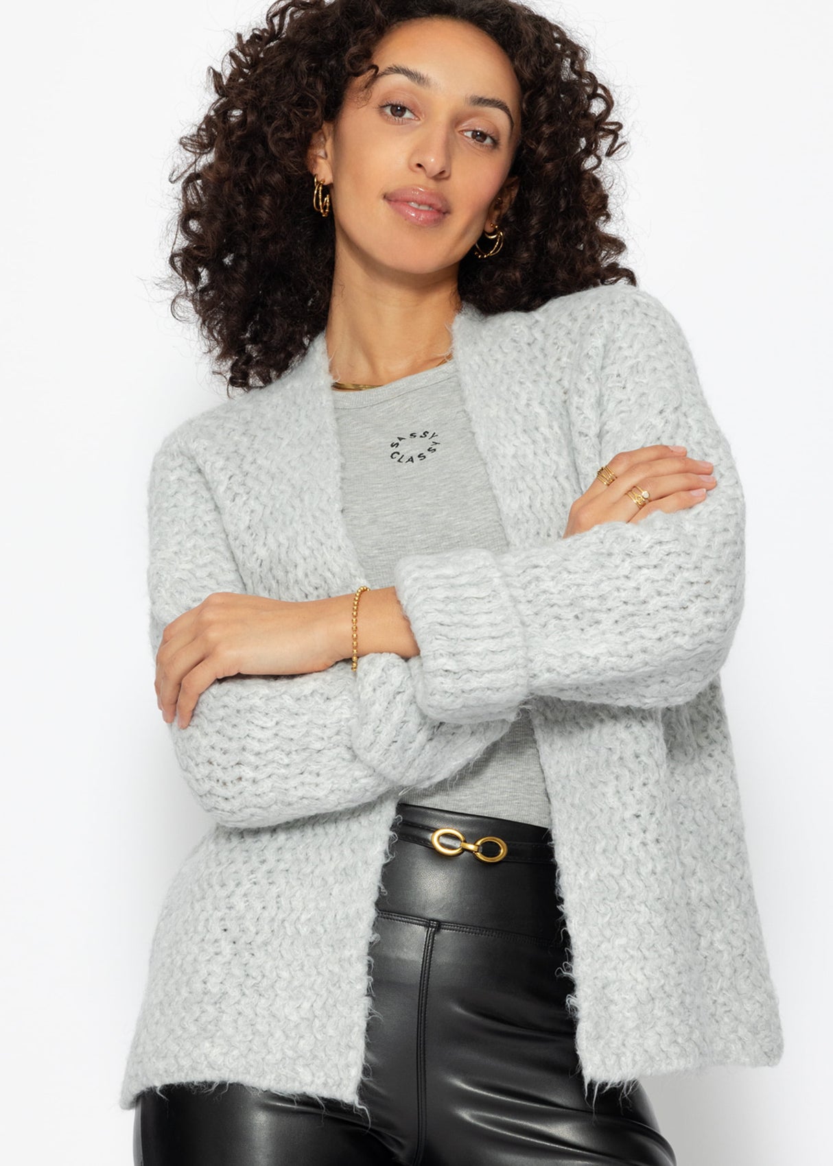 Chunky knit cardigan with trumpet sleeves - light grey