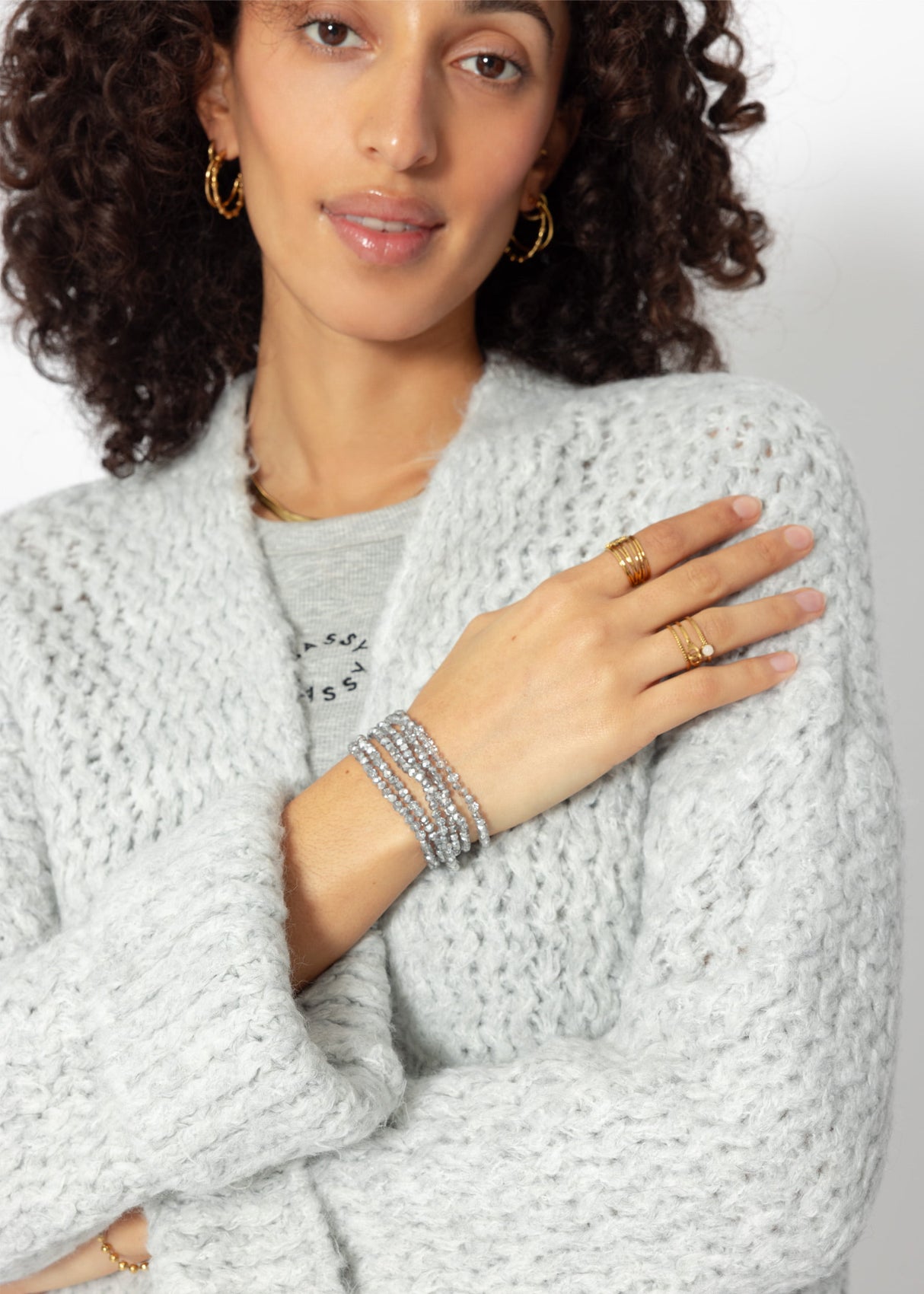 Chunky knit cardigan with trumpet sleeves - light grey