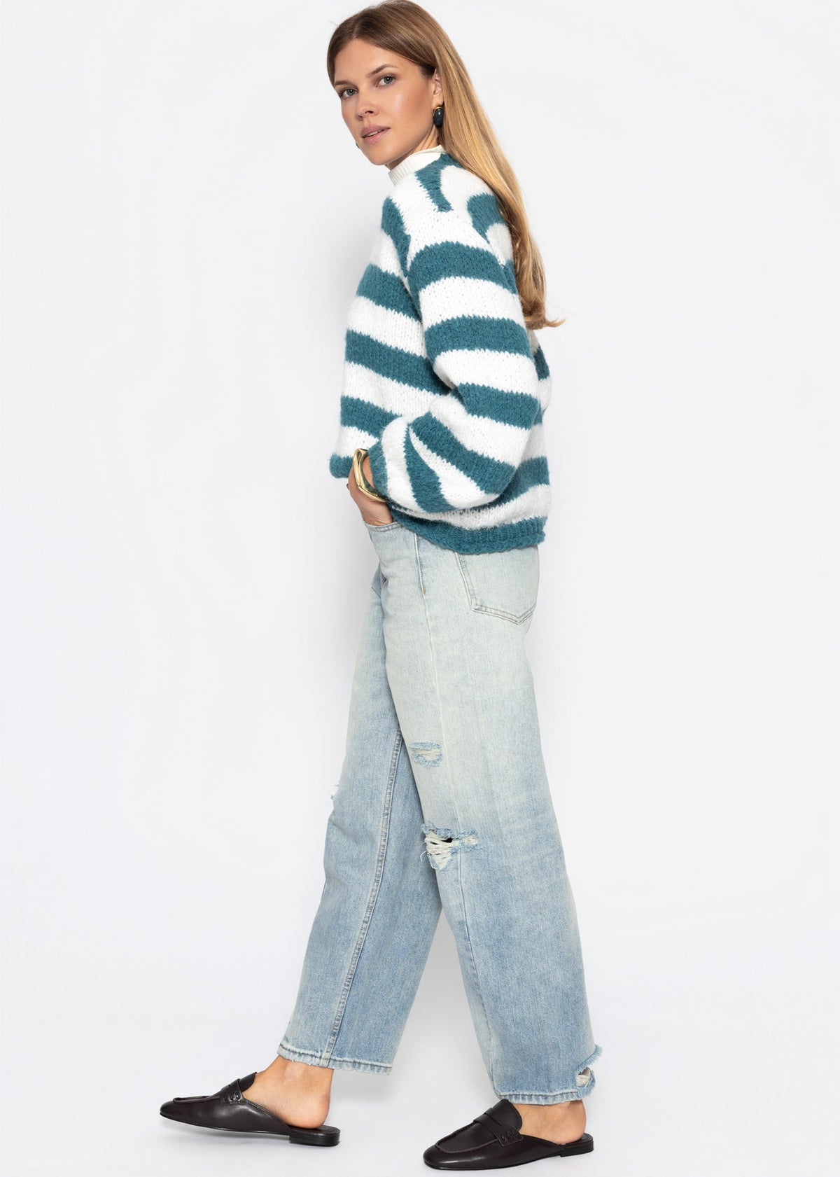 Grobstrickpullover - petrol-offwhite