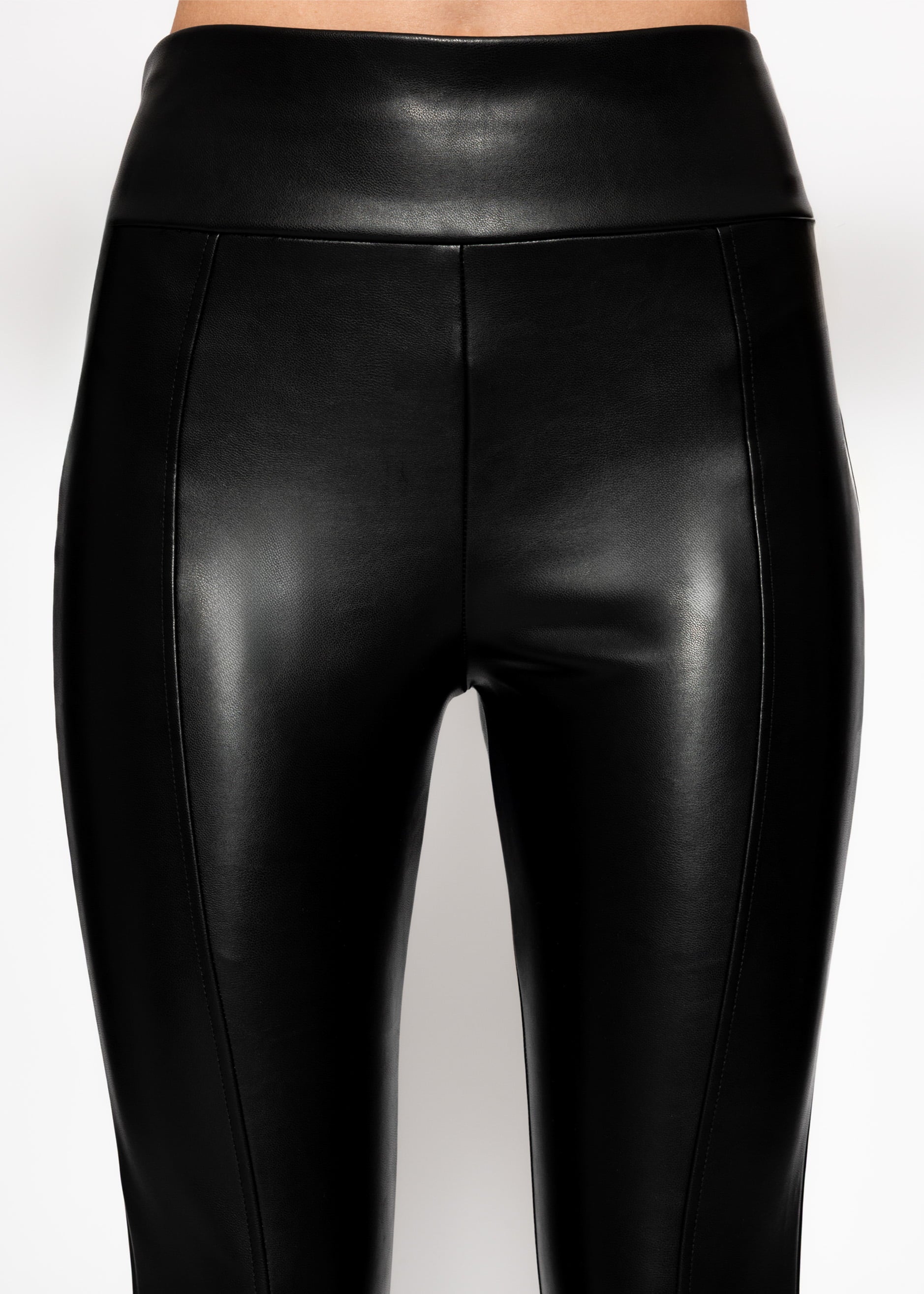 High-rise thermal faux leather leggings with stitching - black