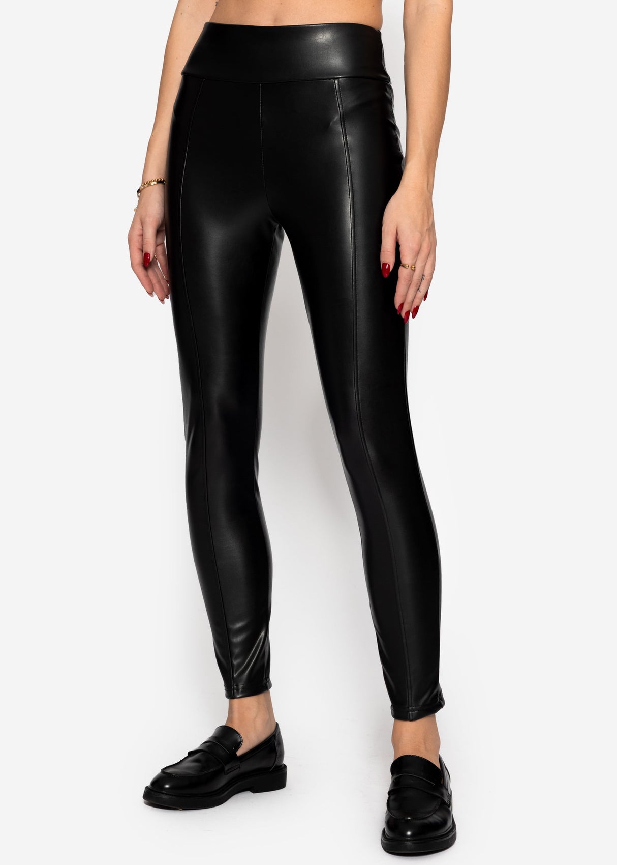High-rise thermal faux leather leggings with stitching - black