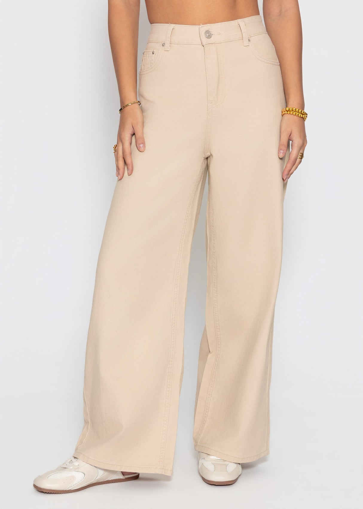 Highwaist Baumwoll-Hose mit weitem Bein - beige