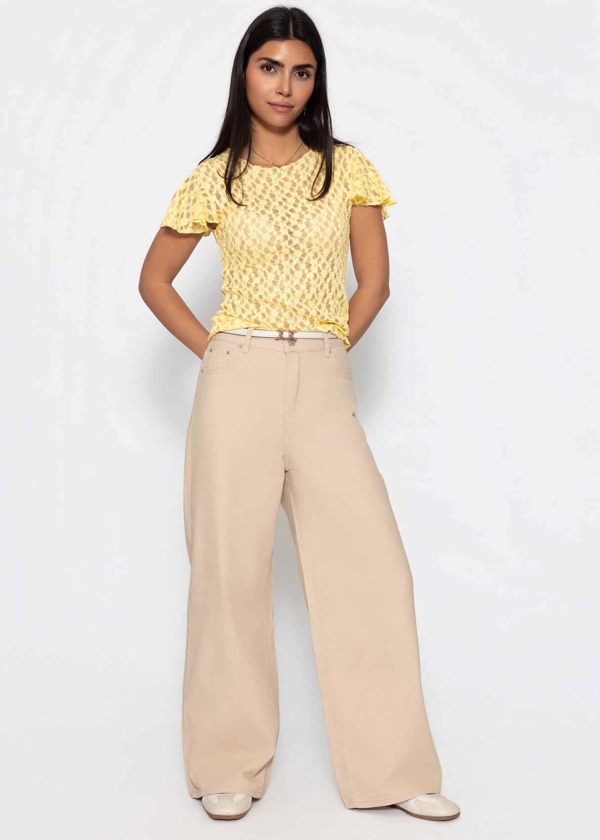 Highwaist Baumwoll-Hose mit weitem Bein - beige