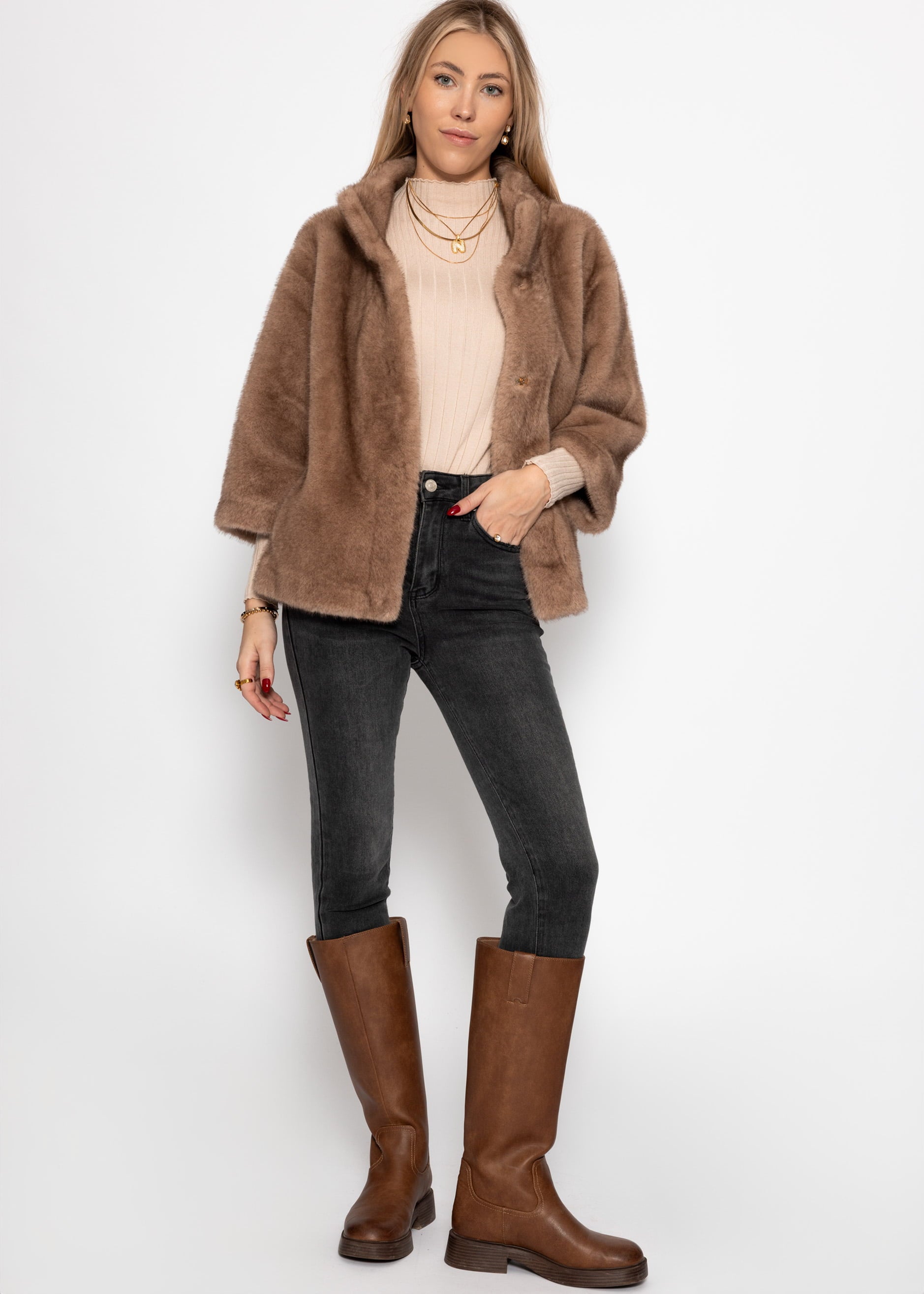 Jacke aus Kunstfell mit 7/8 Ärmeln - beige