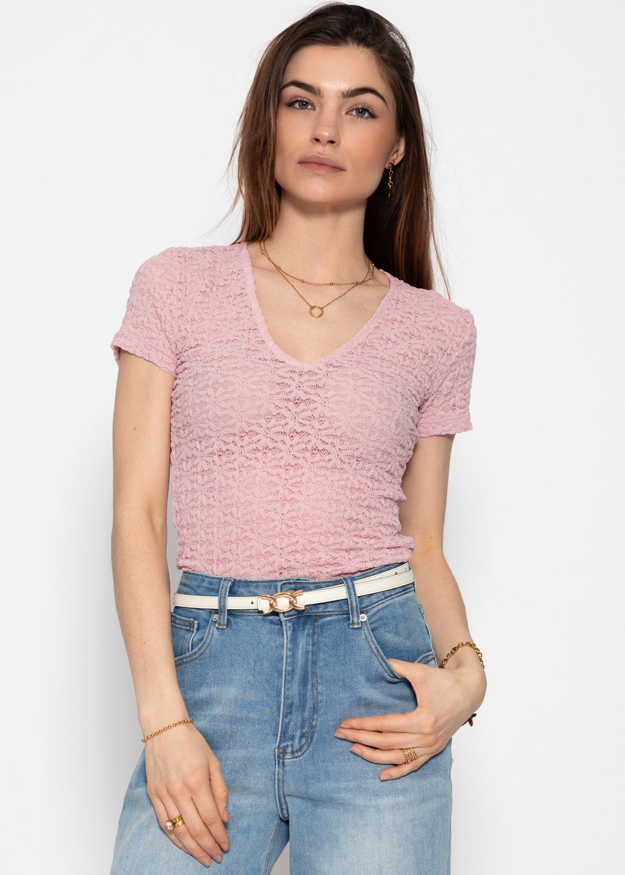 Kurzarm Body aus floraler Spitze - rosa