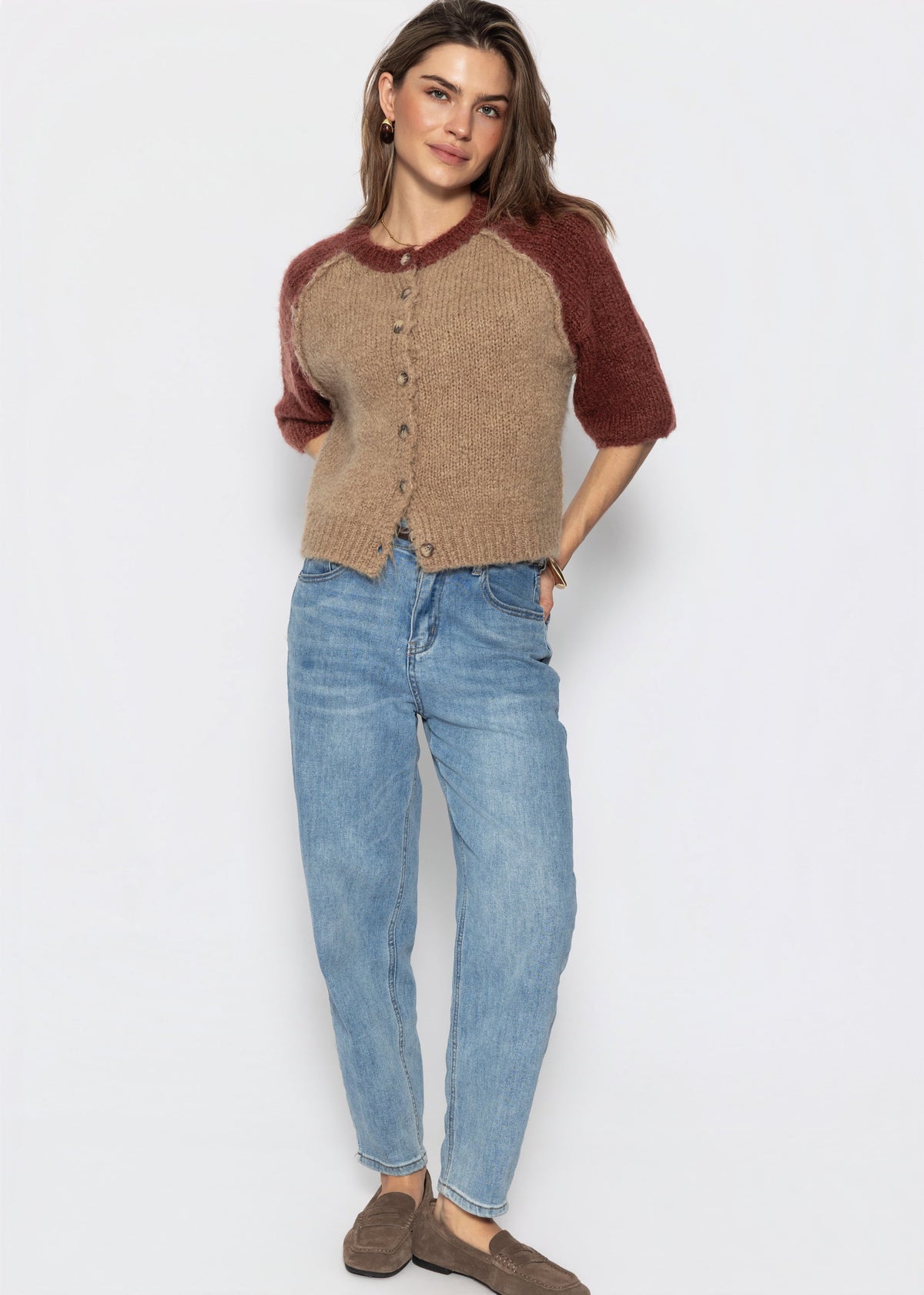 Kurzarm Cardigan mit Außennähten - beige-mauve