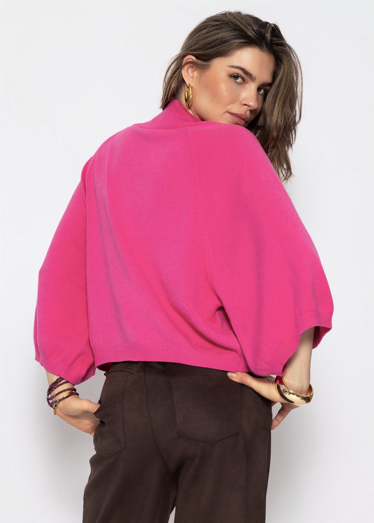 Kurzarm Strickpullover mit weiten Raglanärmeln - pink