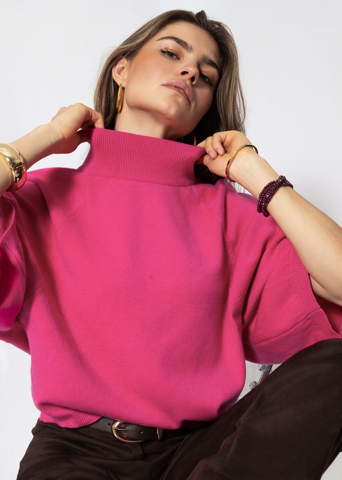 Kurzarm Strickpullover mit weiten Raglanärmeln - pink