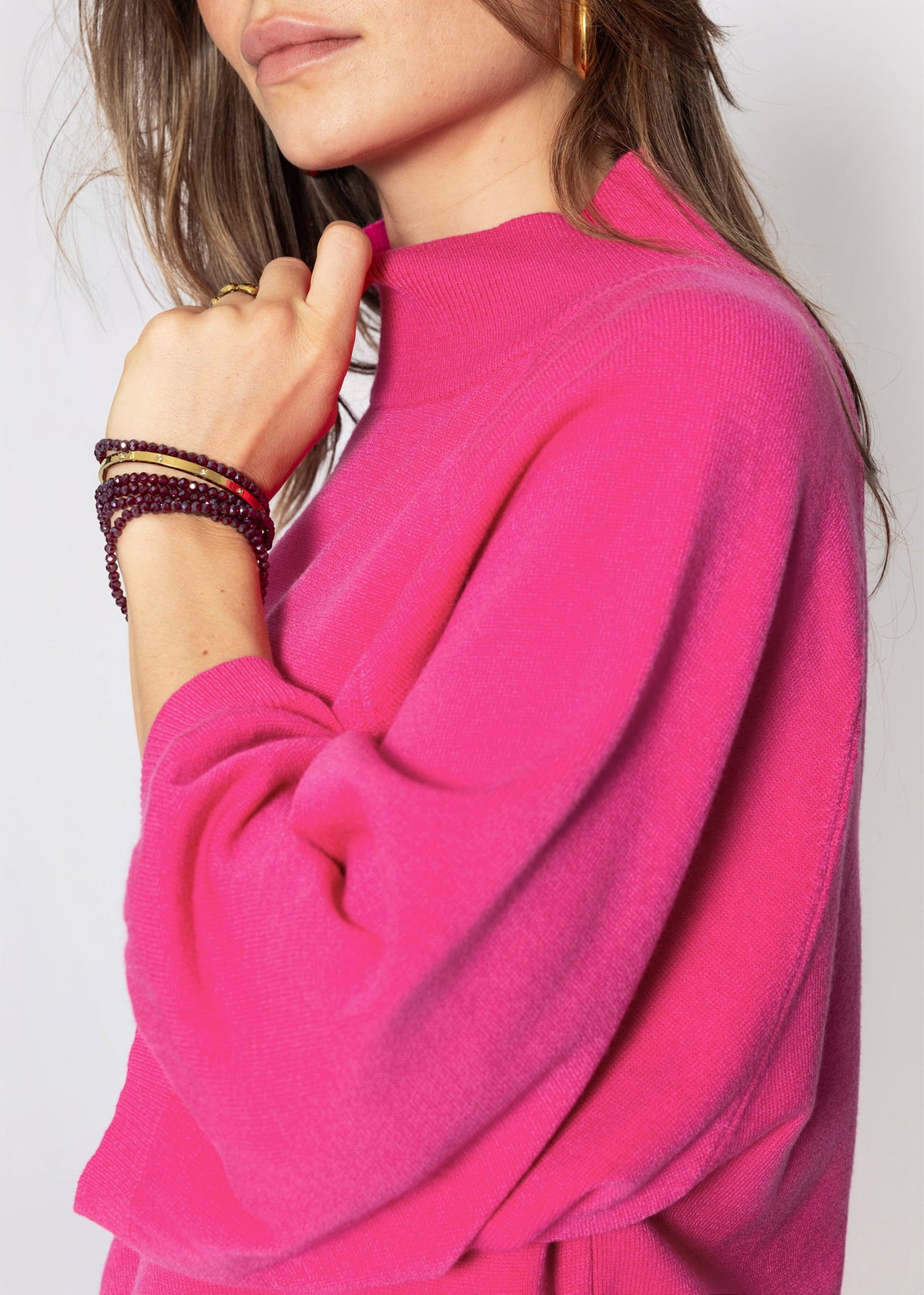 Kurzarm Strickpullover mit weiten Raglanärmeln - pink